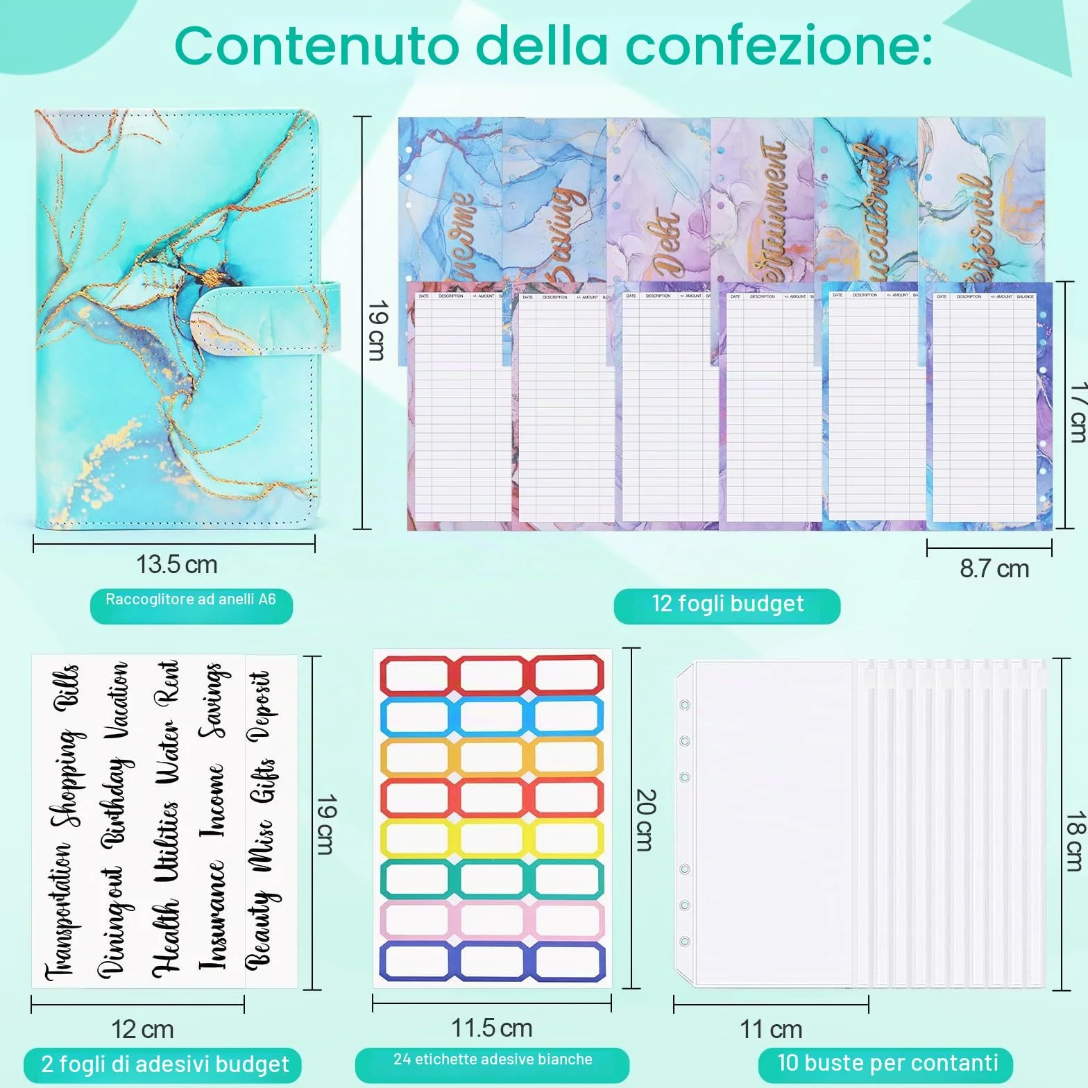 Raccoglitore ad Anelli A6 Budget Binder Pianificatore Risparmio Soldi con Buste e Fogli Bilancio Verde