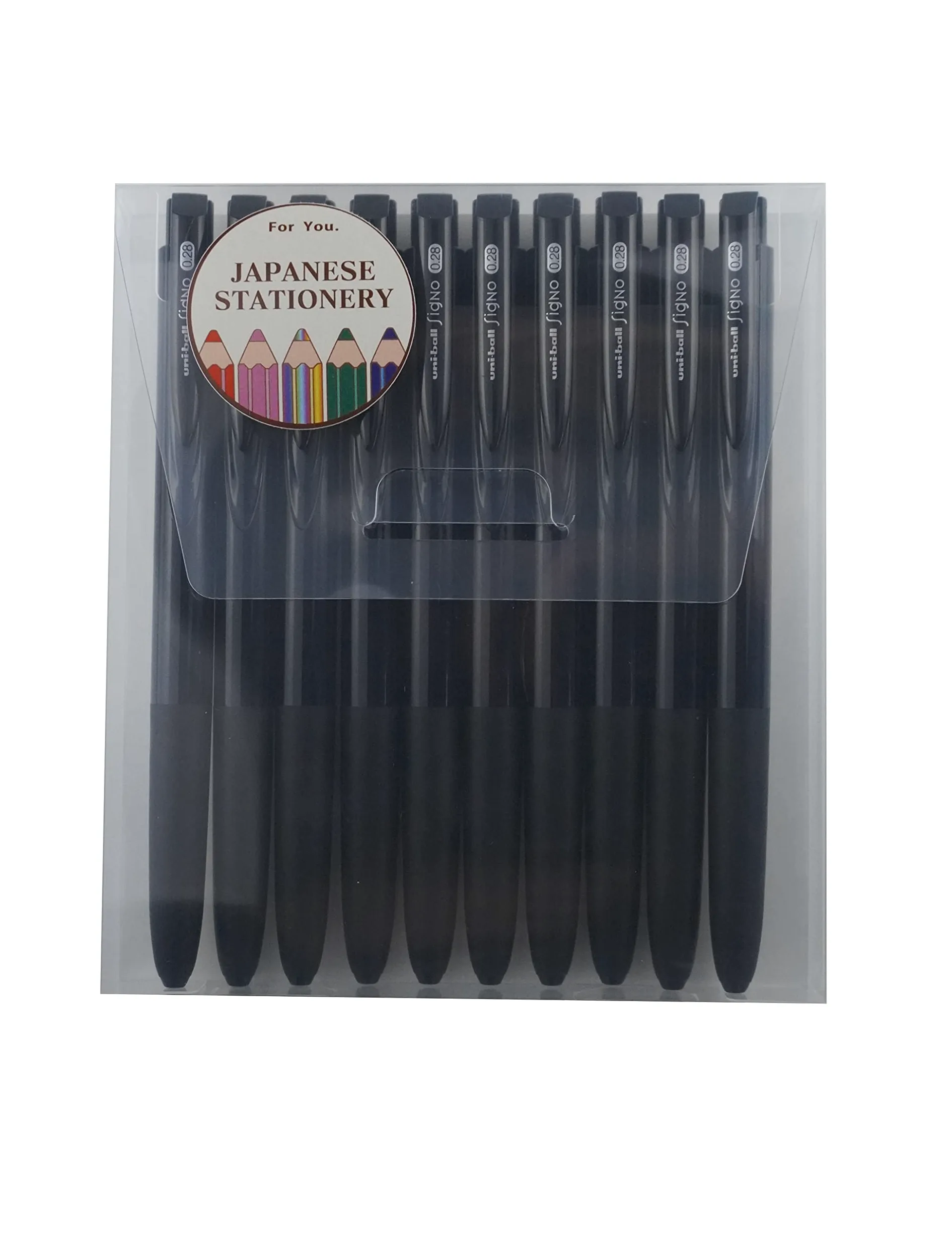 Uni-ball RT1, penna a inchiostro gel retrattile, 0,28 mm, inchiostro nero, 10 pezzi, con astuccio originale MIYABI Stationery Store (UMN-155-28x10)