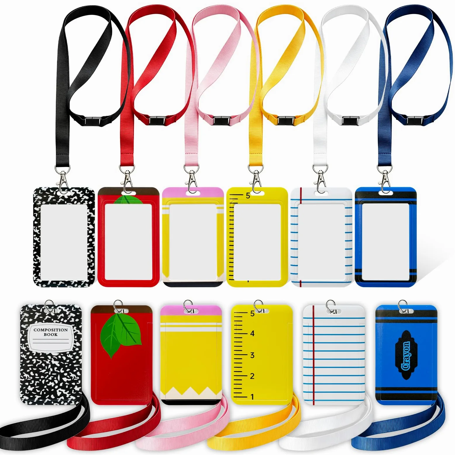 Confezione da 12 porta badge per insegnanti, con cordino, carini porta badge retrattili per insegnanti, composizione, matite, pastelli, design mela, regalo di apprezzamento per insegnanti, per donne