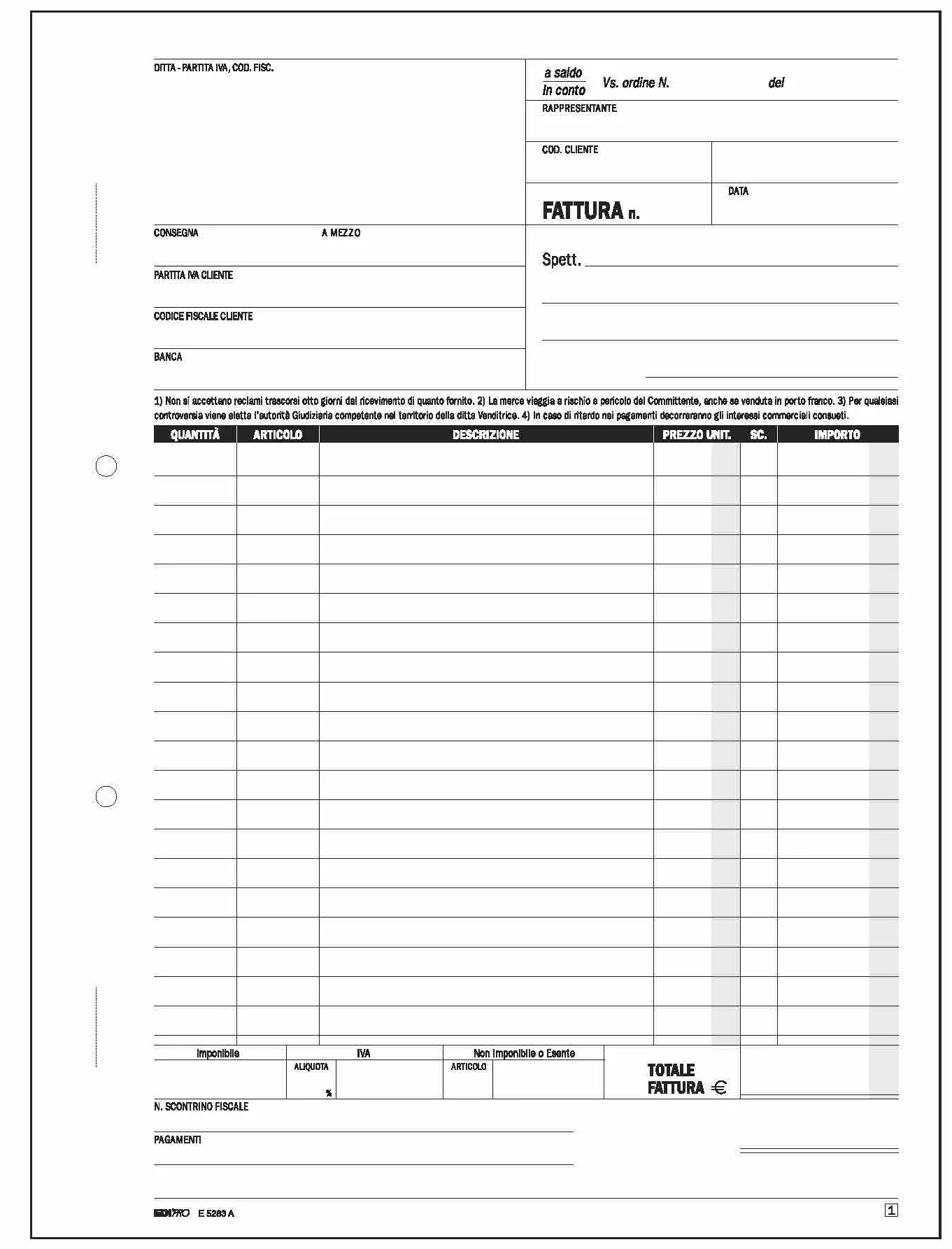EDIPRO E5283A Blocco fattura 1 aliquota autoricalcante 29,7x22