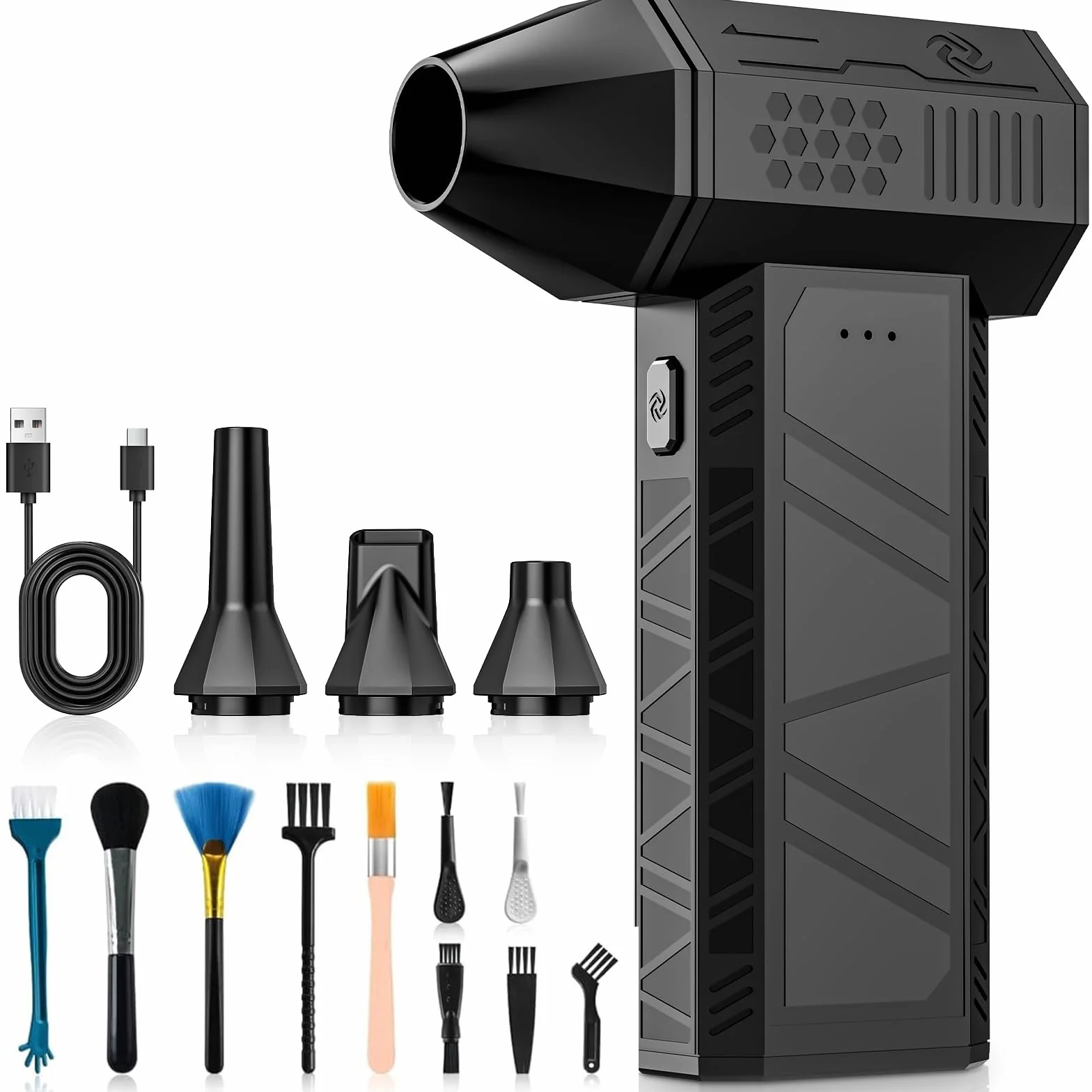 Aria Compressa Elettrico Rimuovi Polvere - 3 Velocità 130000 Giri/Min Mini Soffiatore a Batteria, Turbo Fan con 4 Soffiatore, Pistola ad Aria Compressa per Pulizia di PC, Tastiera, Auto e Divano