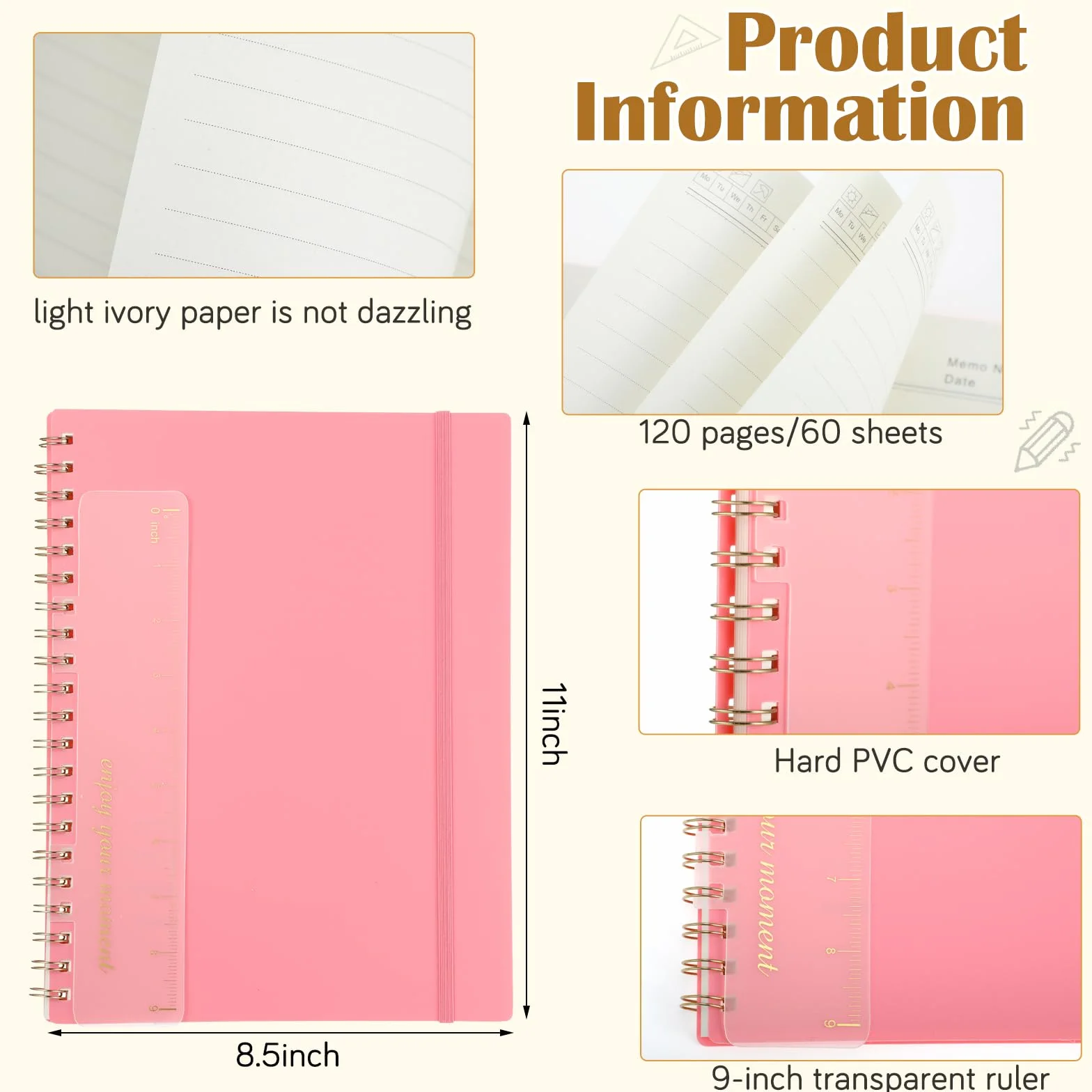 Resurhang 3 quaderni a spirale, 21,6 x 27,9 cm, formato A4, a righe, con copertina rigida in plastica, 100 g/m², carta a righe, 120 pagine, per donne, uomini, ufficio, ufficio, affari