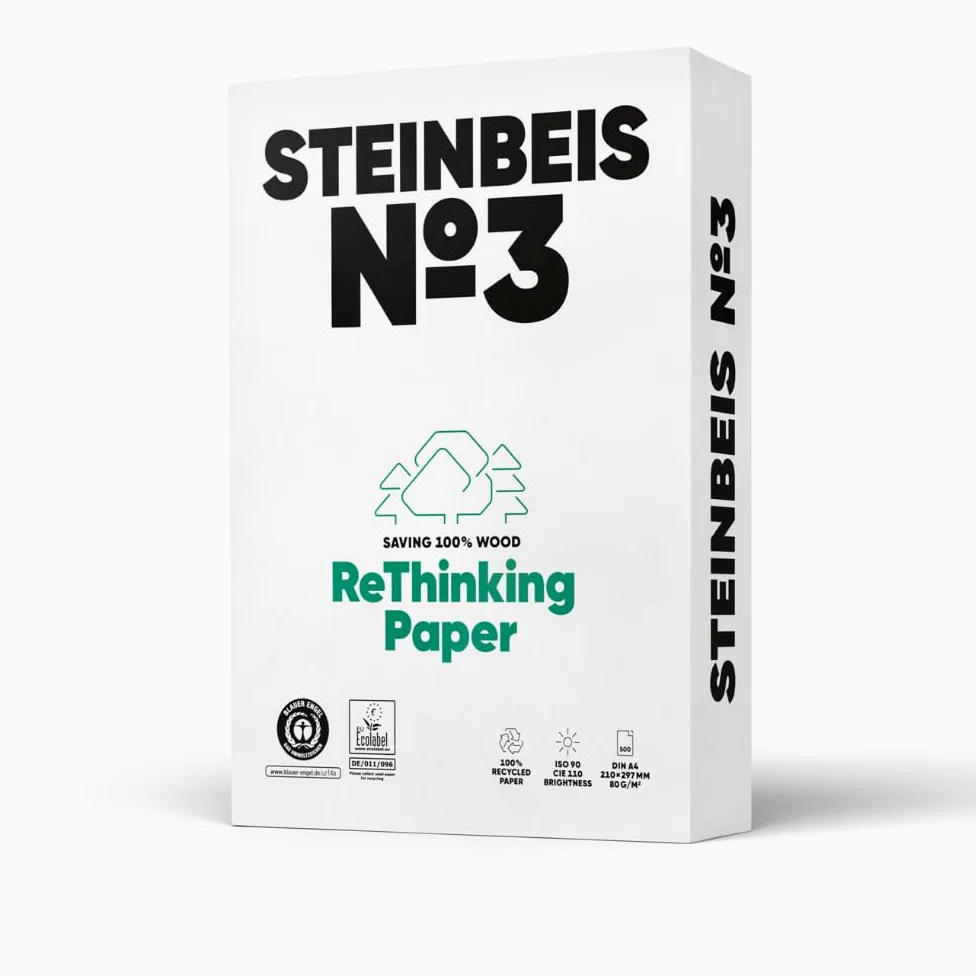 Steinbeis No. 3 fogli di carta riciclata, 2500 (5 x 500), formato DIN A4, 80 g/m², bianco e senza cloro, carta per fotocopiatrici di alta qualità ISO 90/CIE 110