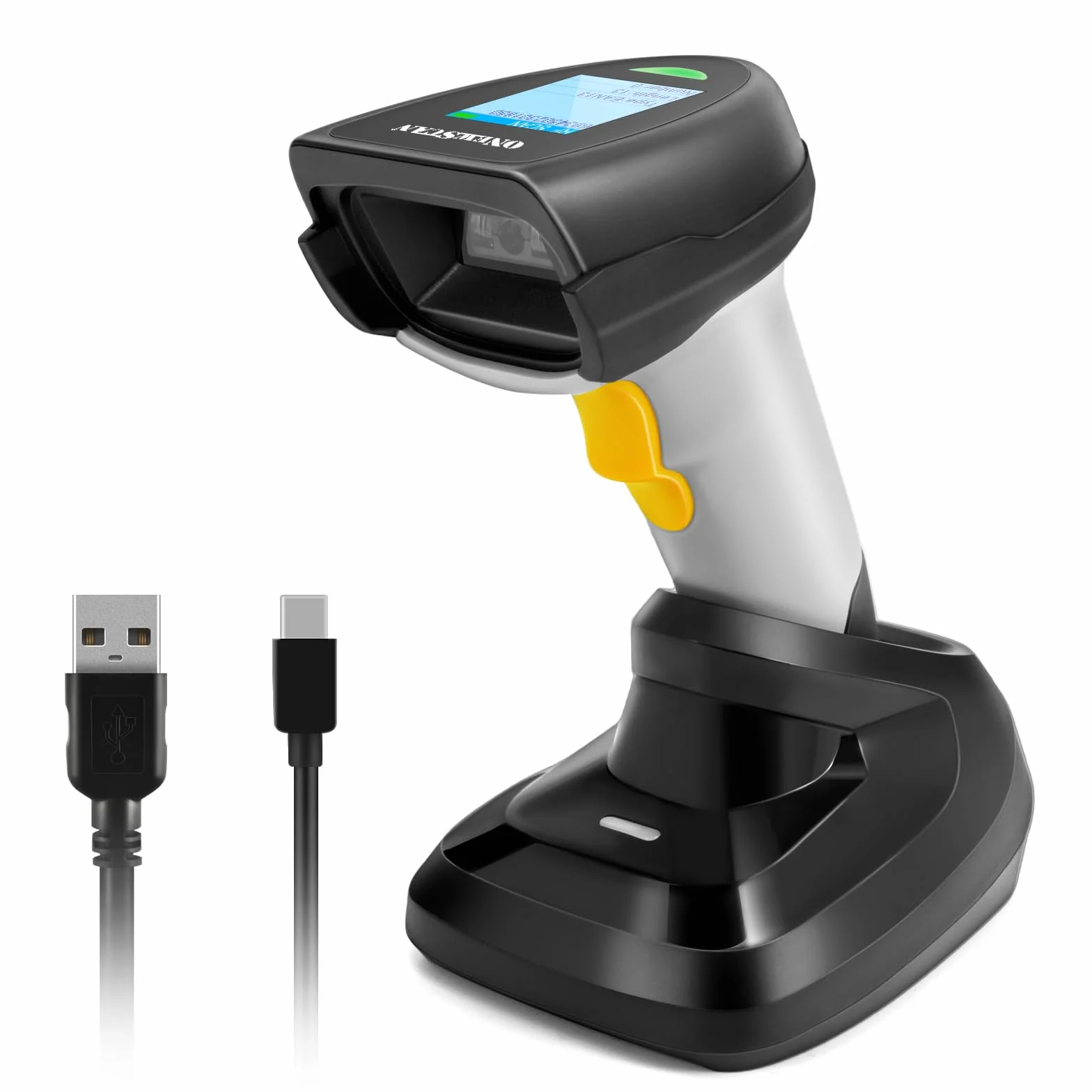 Scanner per codici a barre 2D wireless, scanner di codici a barre palmare scanner per codici a barre con base 2 in 1 connessione USB cablata e lettore di codici a barre automatico a matrice di dati