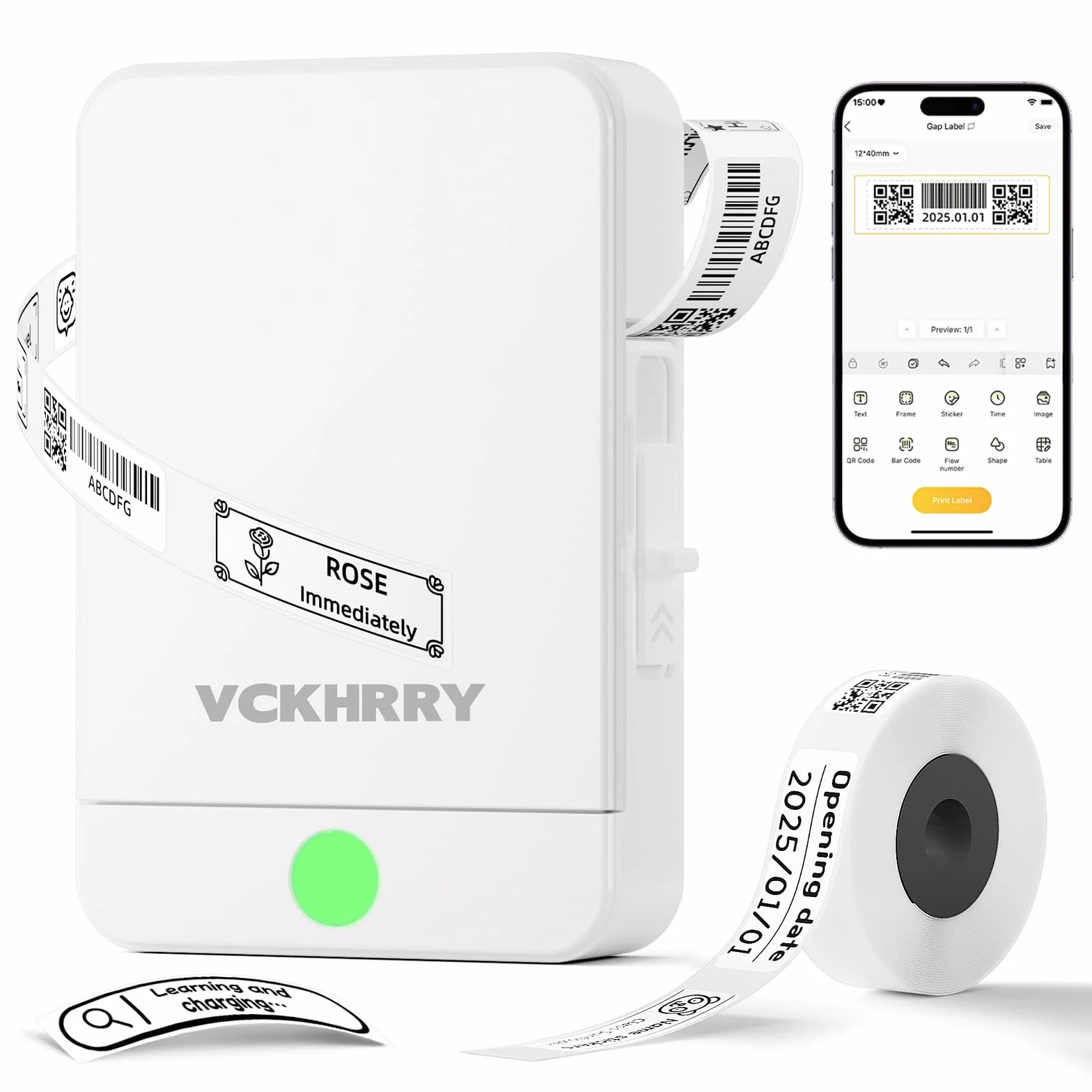 Stampante Etichette Termica Bluetooth Portatile Senza Inchiostro, 1 Rotolo Incluso, Compatibile iOS/Android