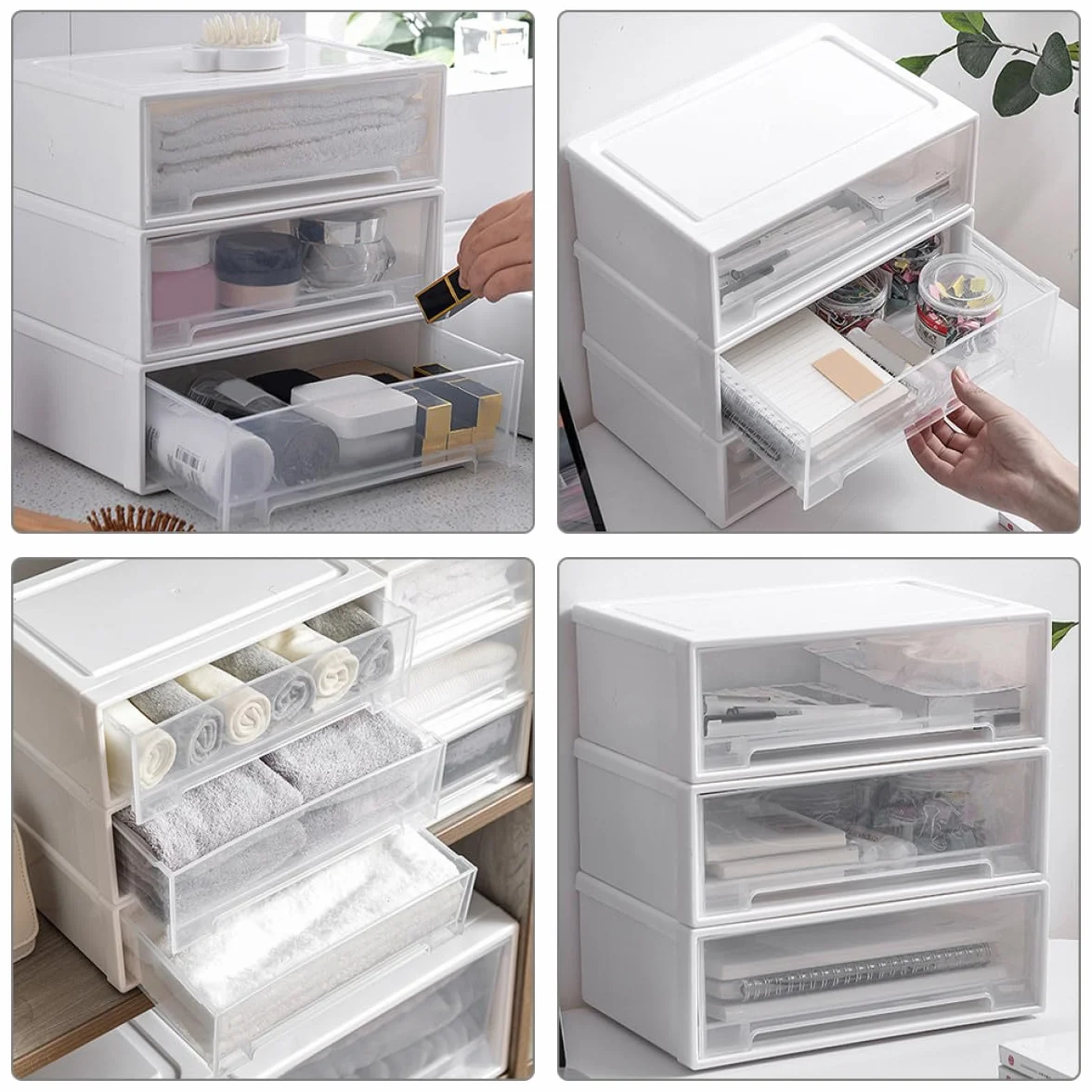 WOONEKY Organizer Cassetti per Trucco e Portaoggetti da Scrivania, Scatola di Immagazzinaggio Bianca in Plastica Resistente, Organizzatore per Cassetti Dell'armadio per Ufficio e Casa,