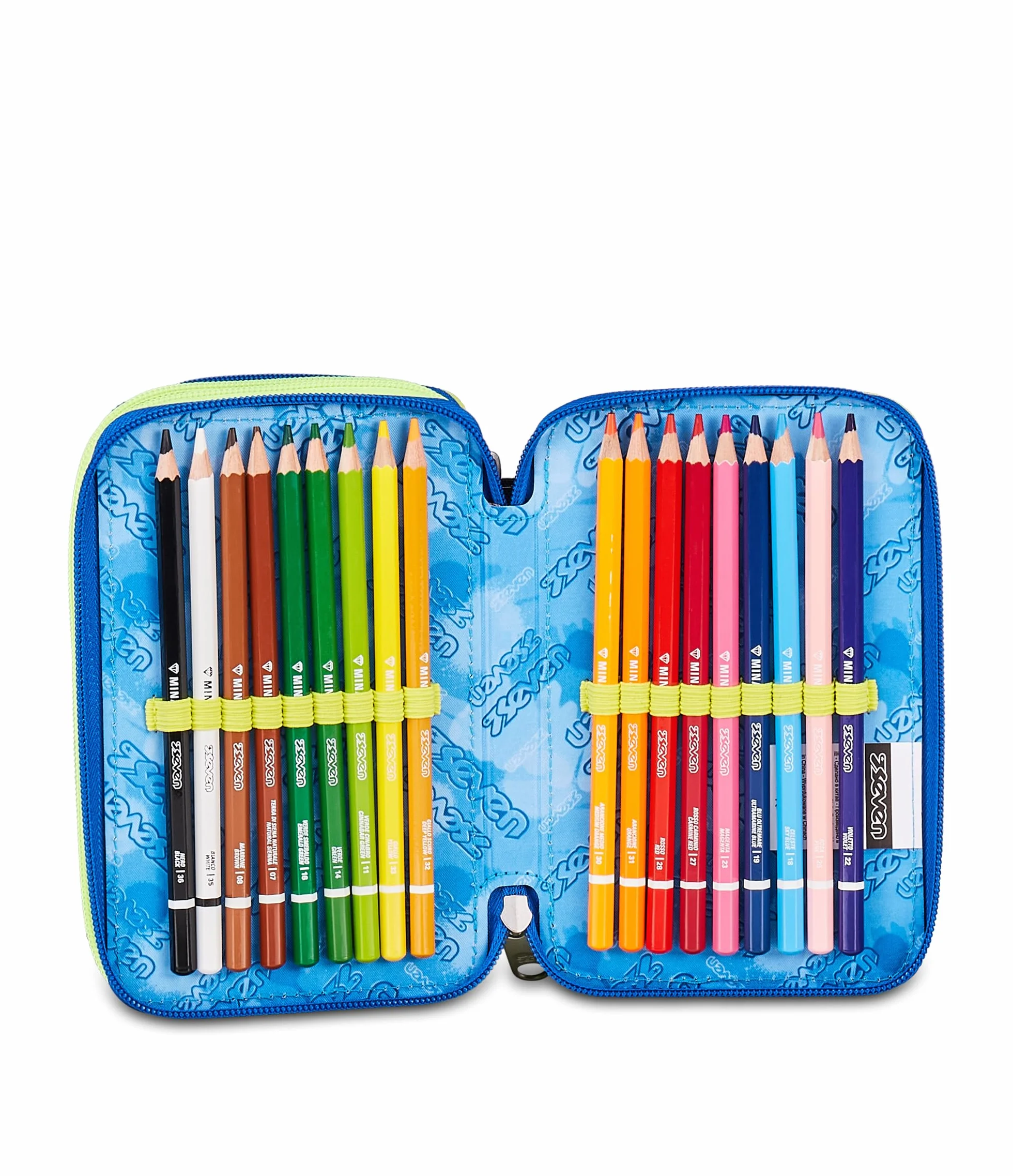 Seven Astuccio Scuola 3 zip ELECTRICVIBE BOY, Blu, Portapenne attrezzato, Triplo scomparto, 45 pezzi, Completo di penne, matite e colori, Accessori Zaino, Scuola elementare, Asilo, Per bambini