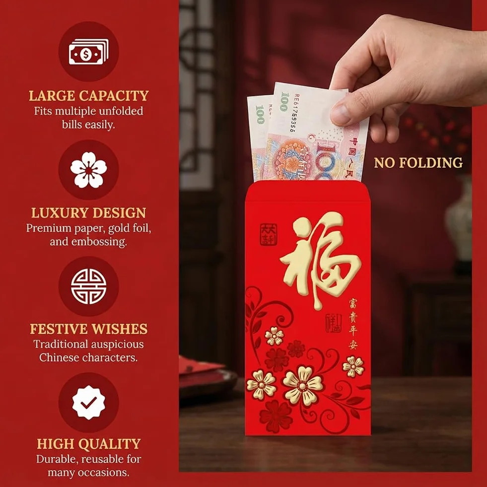 36 Pezzi Rosse per Capodanno Cinese 2026 Portafortuna con Motivo Hong Bao Rilievo