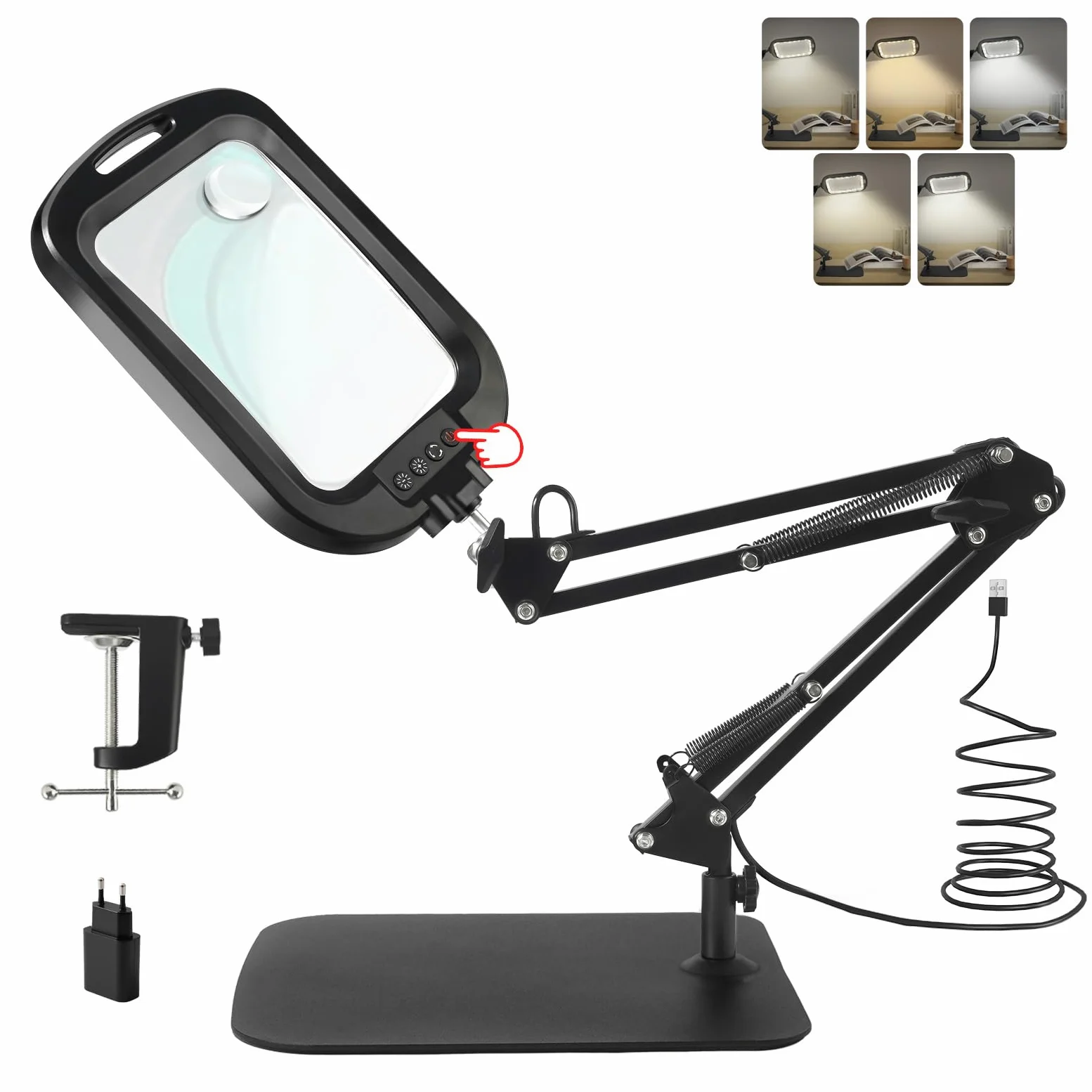 GABORISH 10 x 30 x lente d'ingrandimento da tavolo con luce e supporto, lampada rettangolare con 60 LED, 5 modalità di colore e dimmerabile, lente d'ingrandimento senza mani con luce, 2 in 1 con