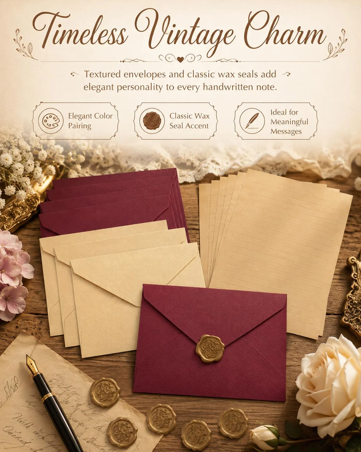 Set Carta da Lettere Vintage 32 Pezzi: 6 Buste & 20 Fogli A5 Kraft Rigati, 6 Sigilli Ceralacca per Inviti Matrimonio