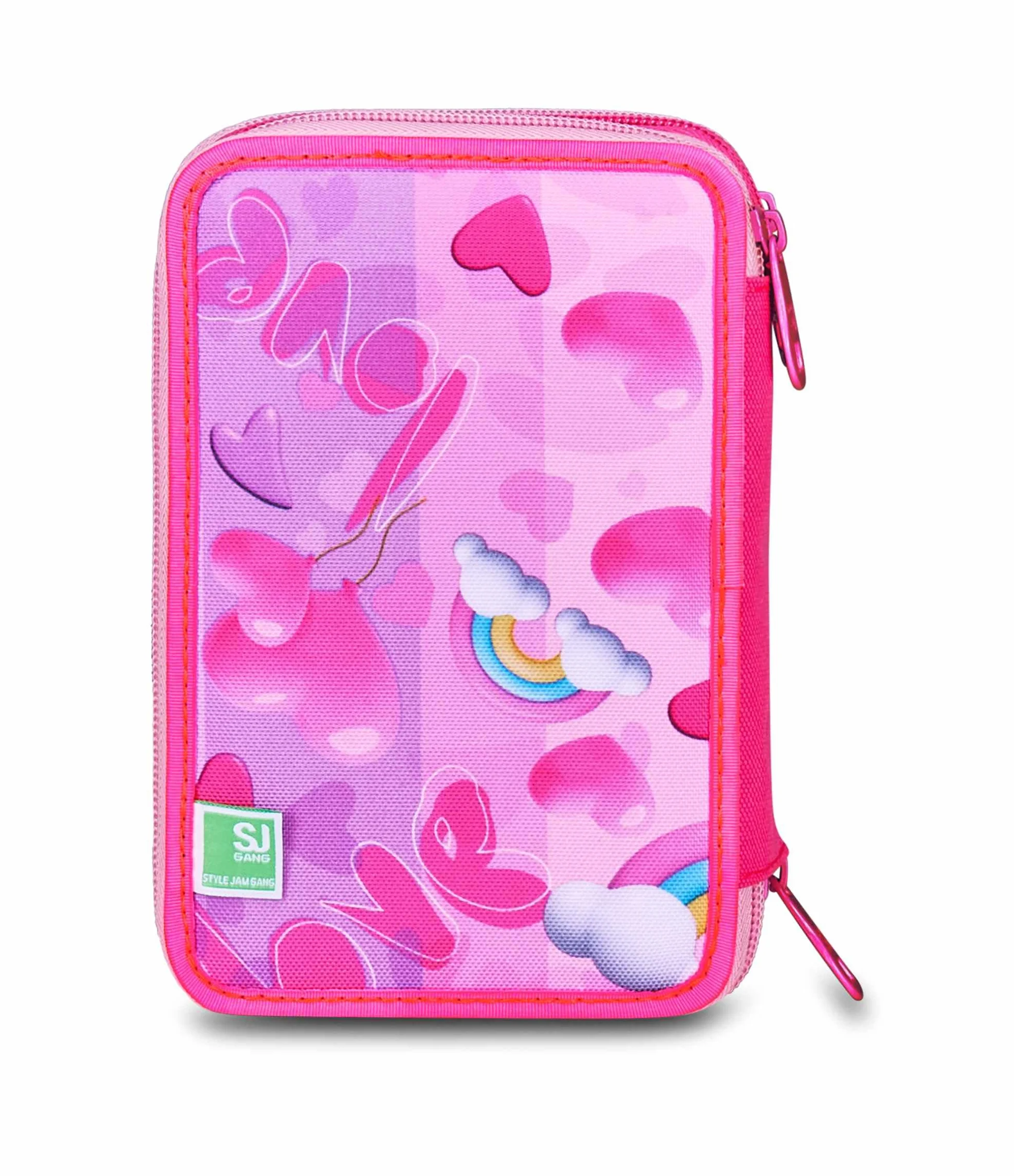 SJ GANG STYLE JAM GANG Astuccio Scuola 3 Zip, Fucsia, Portapenne Triplo Scomparto Completo Di Penne, Matite, Colori, Accessori Zaino, Scuola Elementare, Bambina
