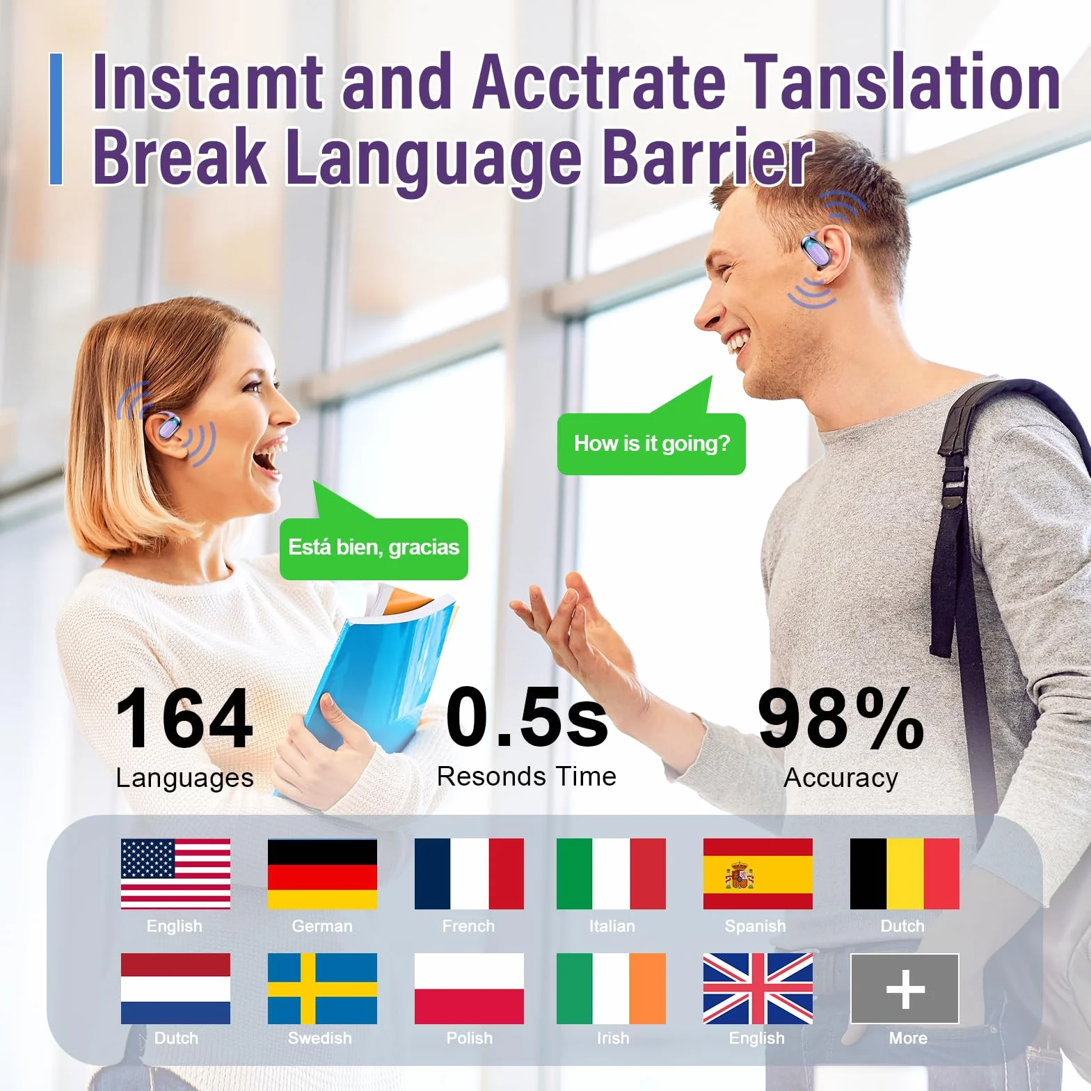 Cuffie Traduttore Simultaneo Vocale con 7 Modalità, Bluetooth 5.4 Auricolari traduttori in Tempo reale con 164 Lingue Viola