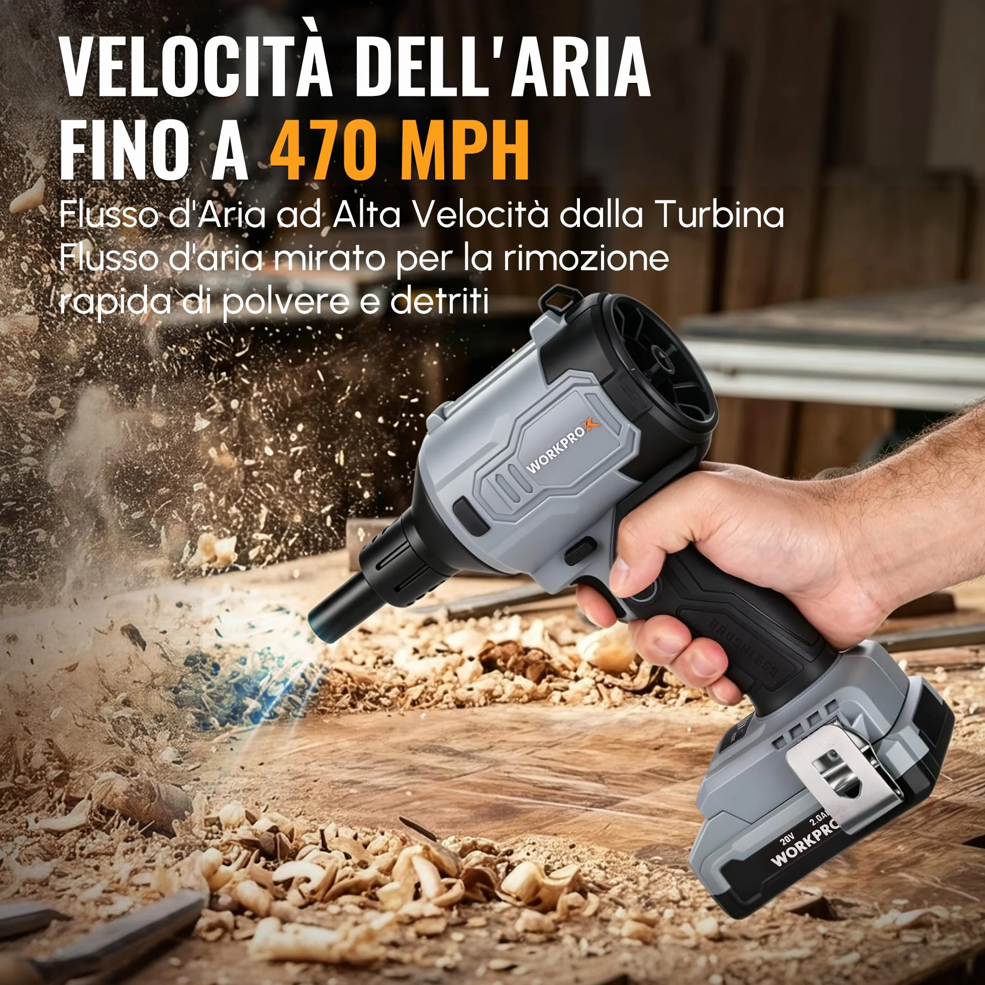 WORKPROX Soffiatore ad Aria Compressa Wireless 20V | Soffiatore Elettrico Ricaricabile USB-C, Motore Brushless, 4 Velocità Regolabili, Funzione Soffiaggio/Aspirazione