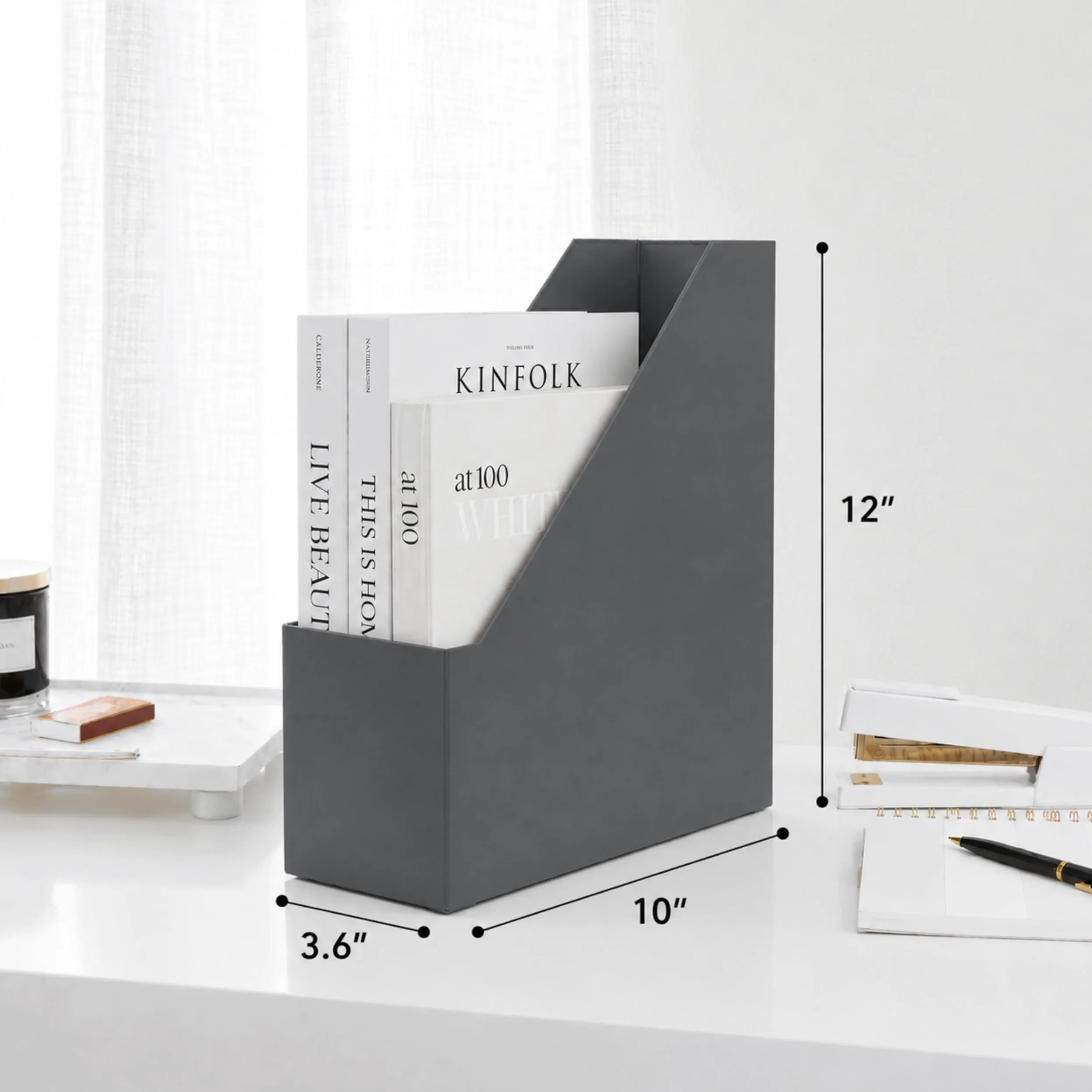 Blu Monaco Set di 6 portariviste pieghevoli grigi con porta etichette dorate, eleganti scatole per documenti per scrivania, libreria o organizzazione in classe