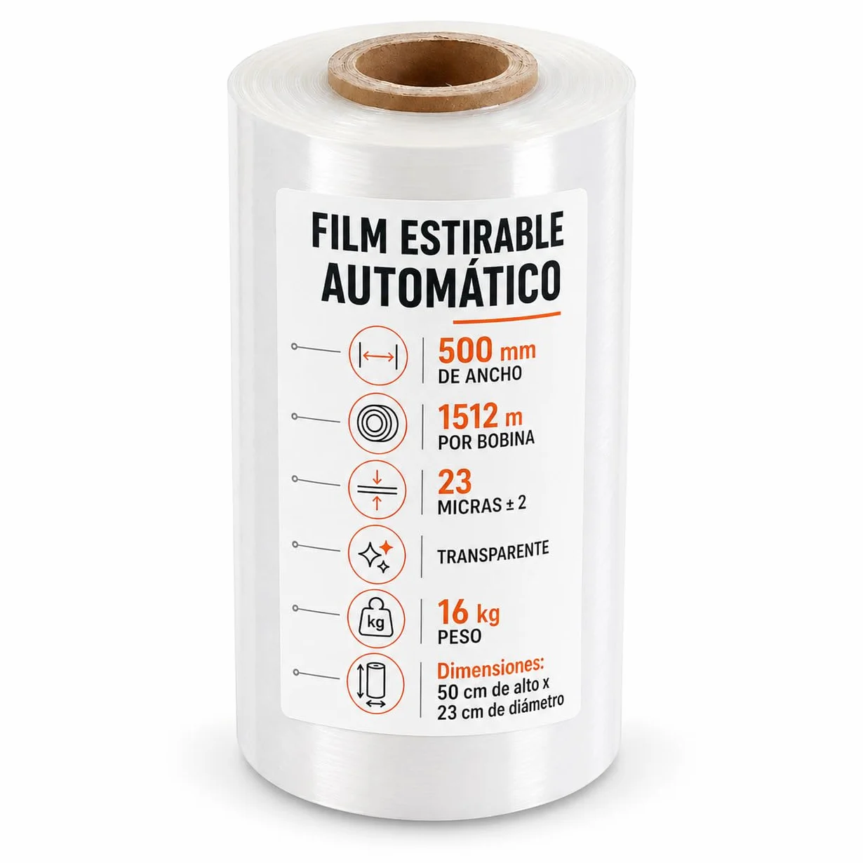 Film estensibile automatico trasparente 500 mm x 1512 m - Bobina industriale 16 kg - 23 micron ±2 - Plastica Stretch Film per enfardatrice automatica, pallettizzazione, imballaggio e logistica