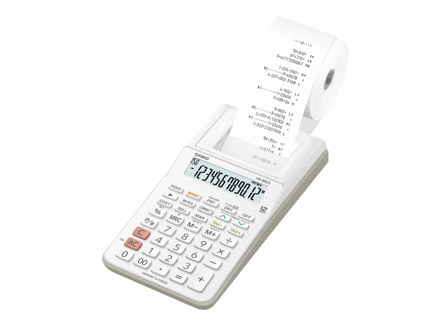 Casio HR-8RCE-WE - Calcolatrice Scrivente Bianca Portatile, Bianco