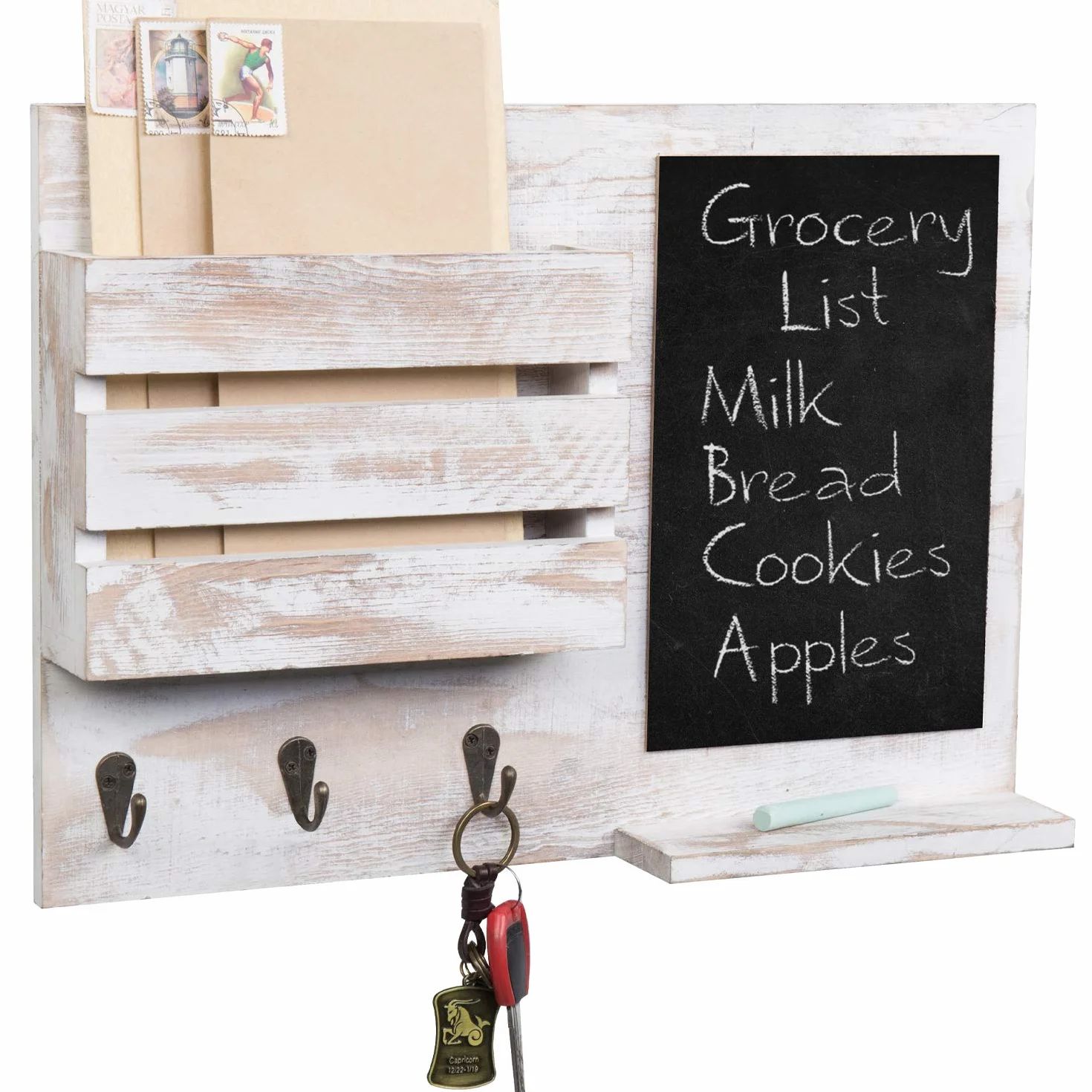 MyGift Shabby Whitewashed Postale da Parete in Legno con Lavagna, 3 Ganci per Chiavi e Ripiano