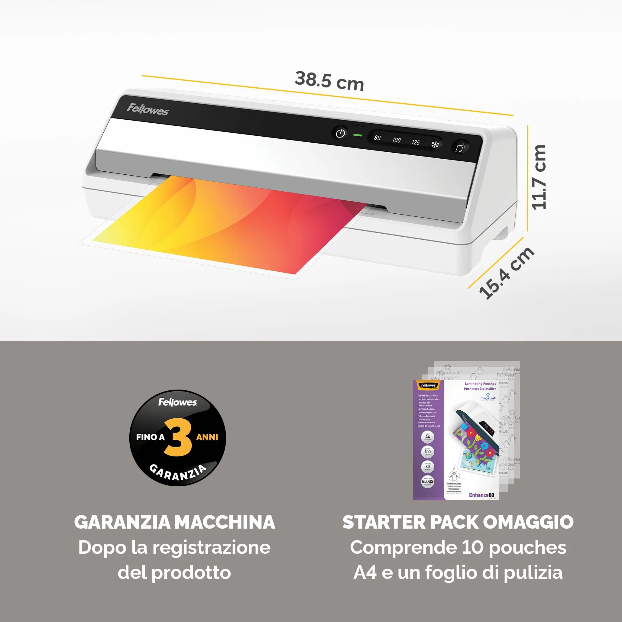 Fellowes Saturn A4 Plastificatrice per piccoli uffici – InstaHeat, pronta in 60 secondi, anti-inceppamento, spegnimento automatico – per pouches 80/100/125 micron – include 10 pouches – casa e ufficio