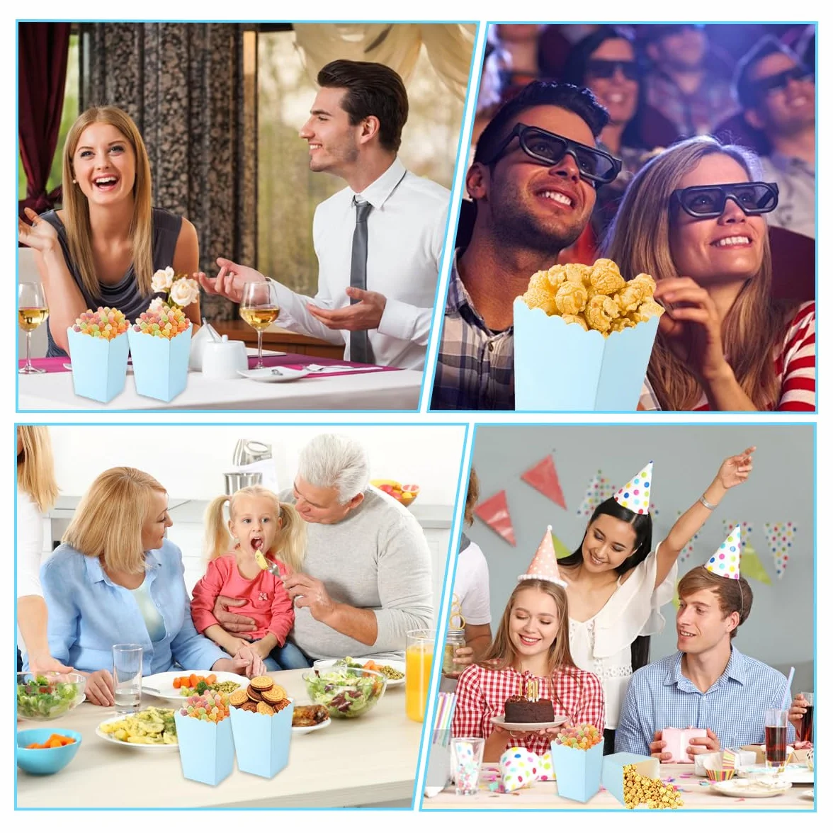48 Pezzi Scatole di Popcorn 7,5x5,5x11 cm Sacchetti Pop Corn in Cartone Blu Festa Compleanno Cinema