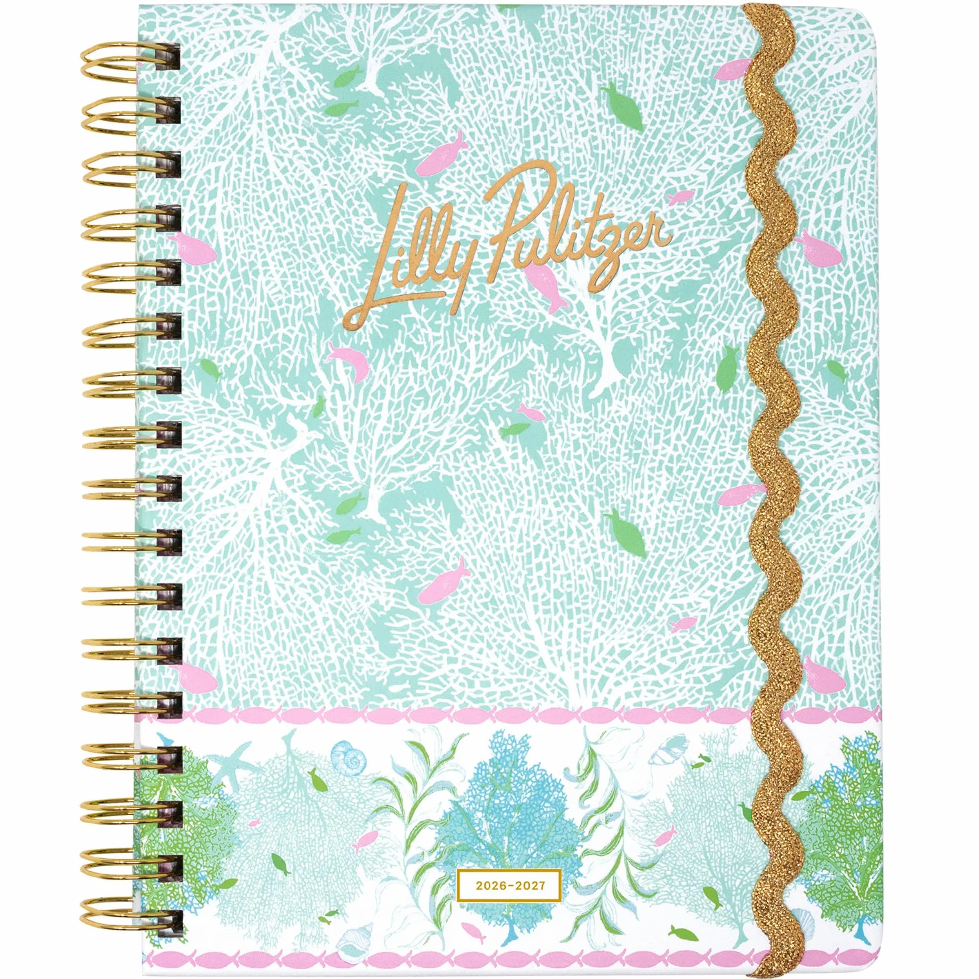 Lilly Pulitzer Grande agenda 17 mesi 17,1 x 22,5 cm, datata agosto 2026-dicembre 2027, rilegatura a spirale dorata e chiusura elastica, layout settimanali e mensili, adesivi, pagine di viaggio e