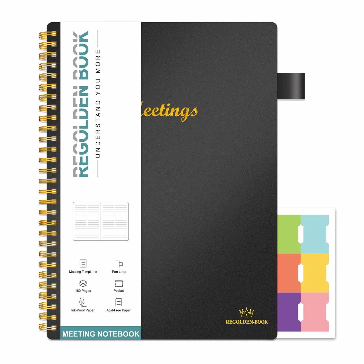 Regolden-Book Taccuino per riunioni per lavoro con oggetti d'azione, agenda per pianificare progetti per prendere appunti, appunti per ufficio/riunioni di lavoro, organizer per uomini e donne, 160