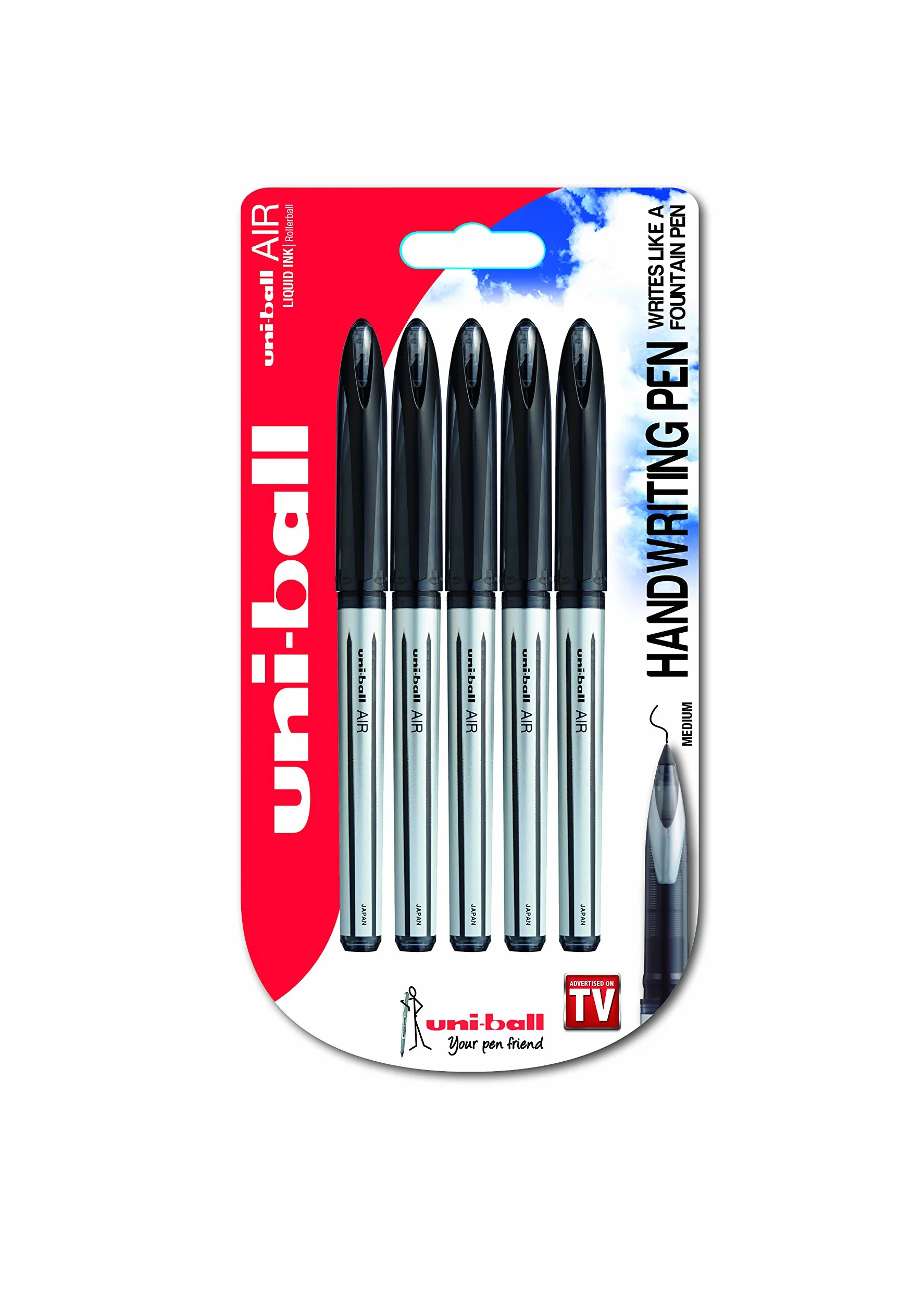 Uni-ball UBA-188-L Air Penna Rollerball, inchiostro nero Super Ink, a prova di manomissione, confezione da 5 pezzi