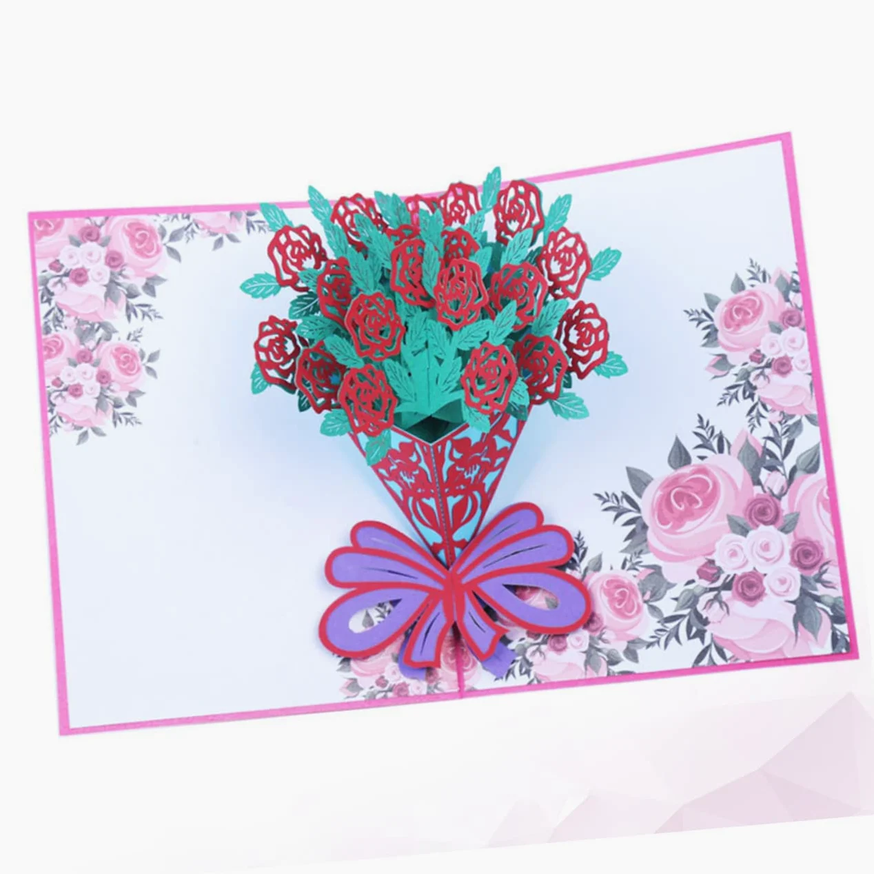 NUOBESTY Bouquet Di 3 Fiori Artificiali Biglietto Dauguri Con Rose Decorazione Per Festival Design 3d Con Rose Carta Creativa Per Amici