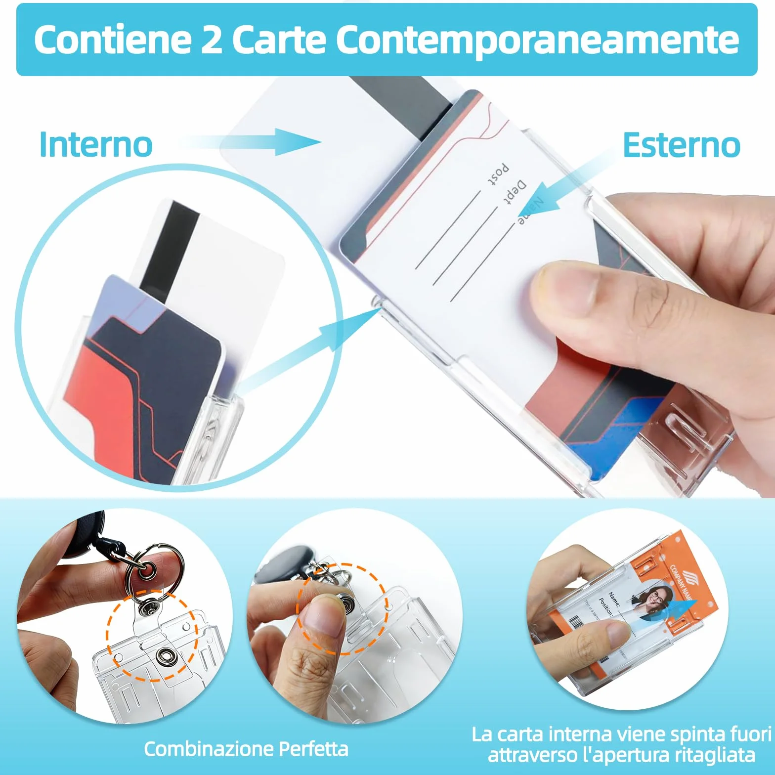 Porta Badge con Portachiavi Retrattile 3 Pezzi, Plastica PC Extra Spesso Trasparente