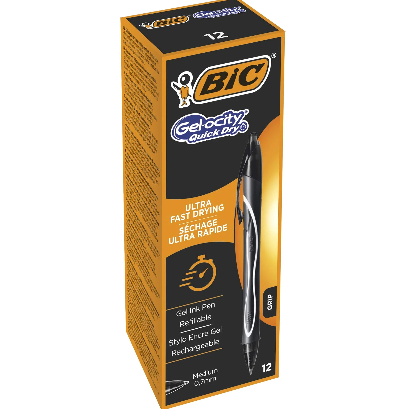 BIC Penne Nere Gel, Gel-ocity Quick Dry, Punta Media (0.7 mm), Confezione da 12 Penne + Quick Dry, Colore Blu, Punta Media (0.7 mm), Scatola da 12