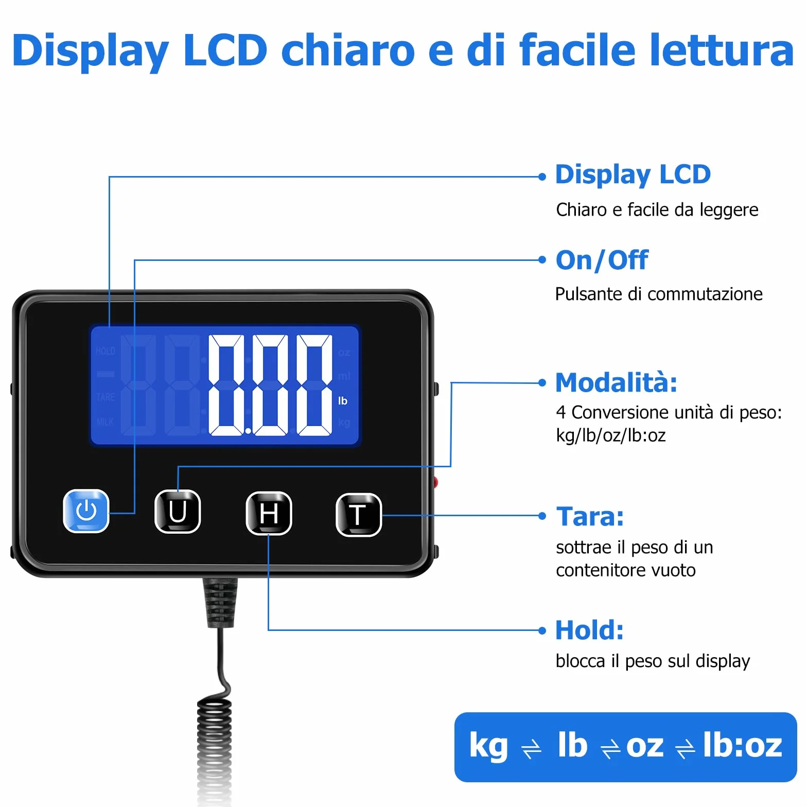 Bilancia Pesa Pacchi 200kg / 10g Alta Precisione LCD Hold Tara Acciaio Inossidabile