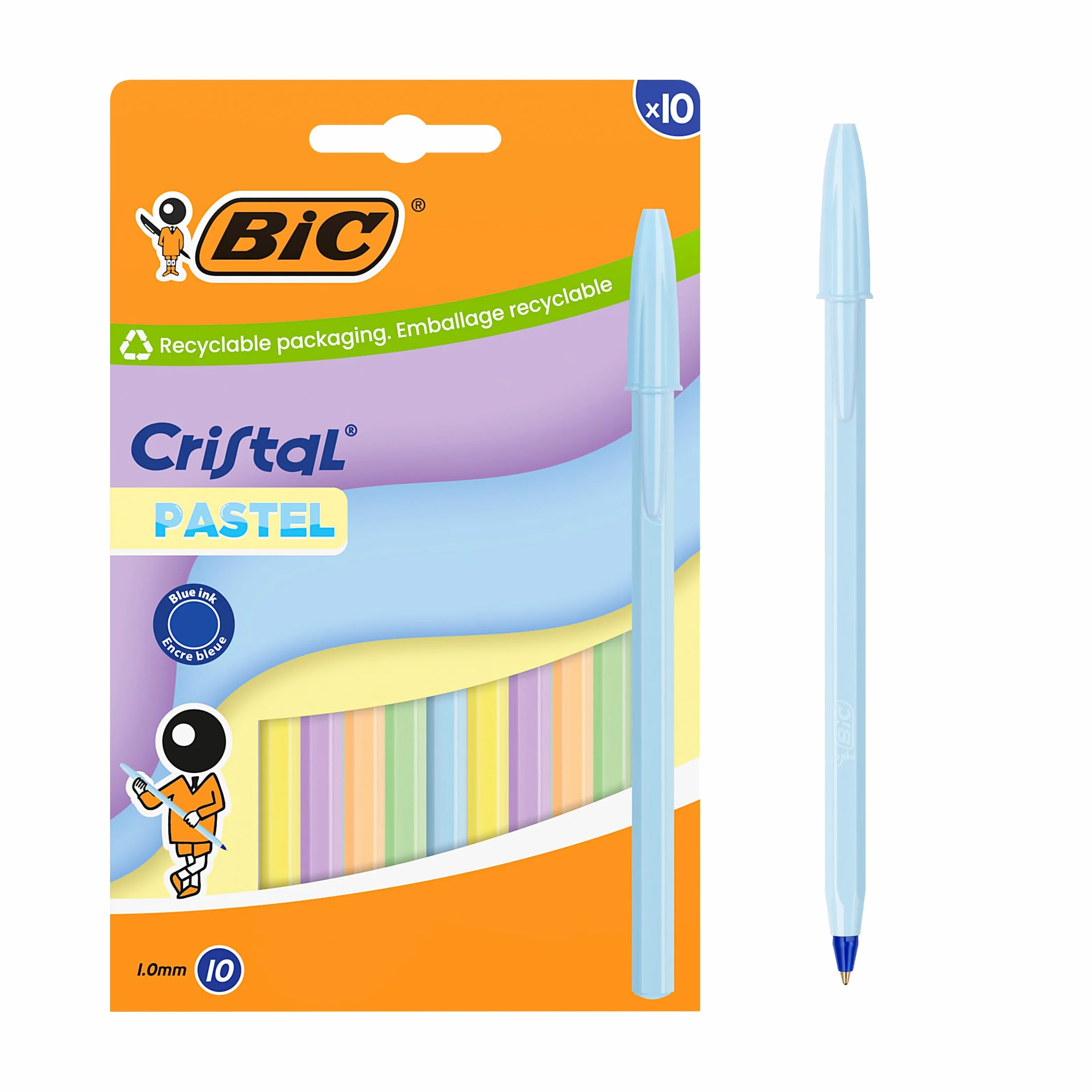 Penne a sfera BIC Cristal Pastel punta media 1,00 mm ricaricabili inchiostro blu confezione da 10