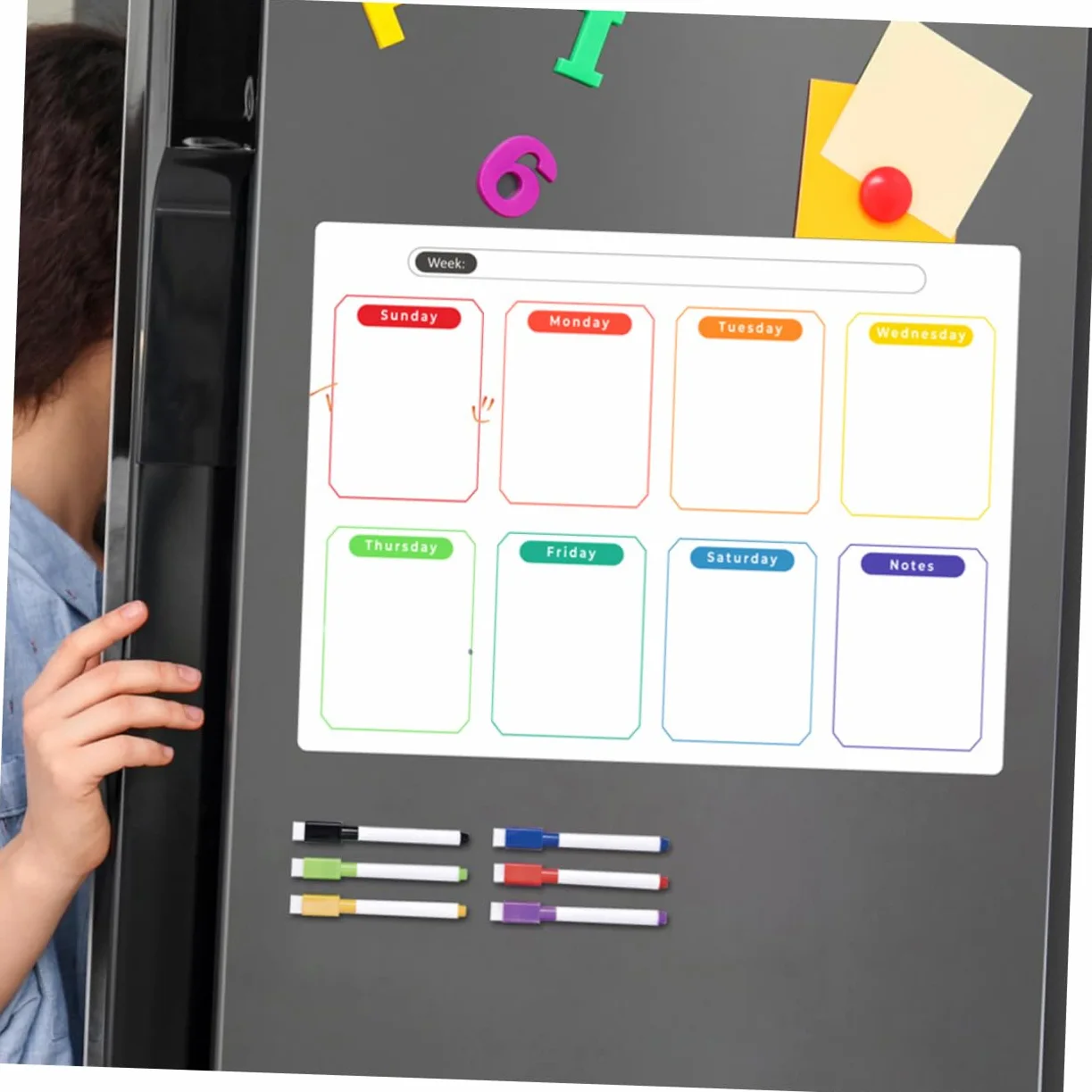 TEHAUX 5 Set bacheca magnetica settimanalmente frigo asse magnete planner settimanale organizer settimanale scheda di pianificazione settimanale agenda cancellabile a secco magnetico