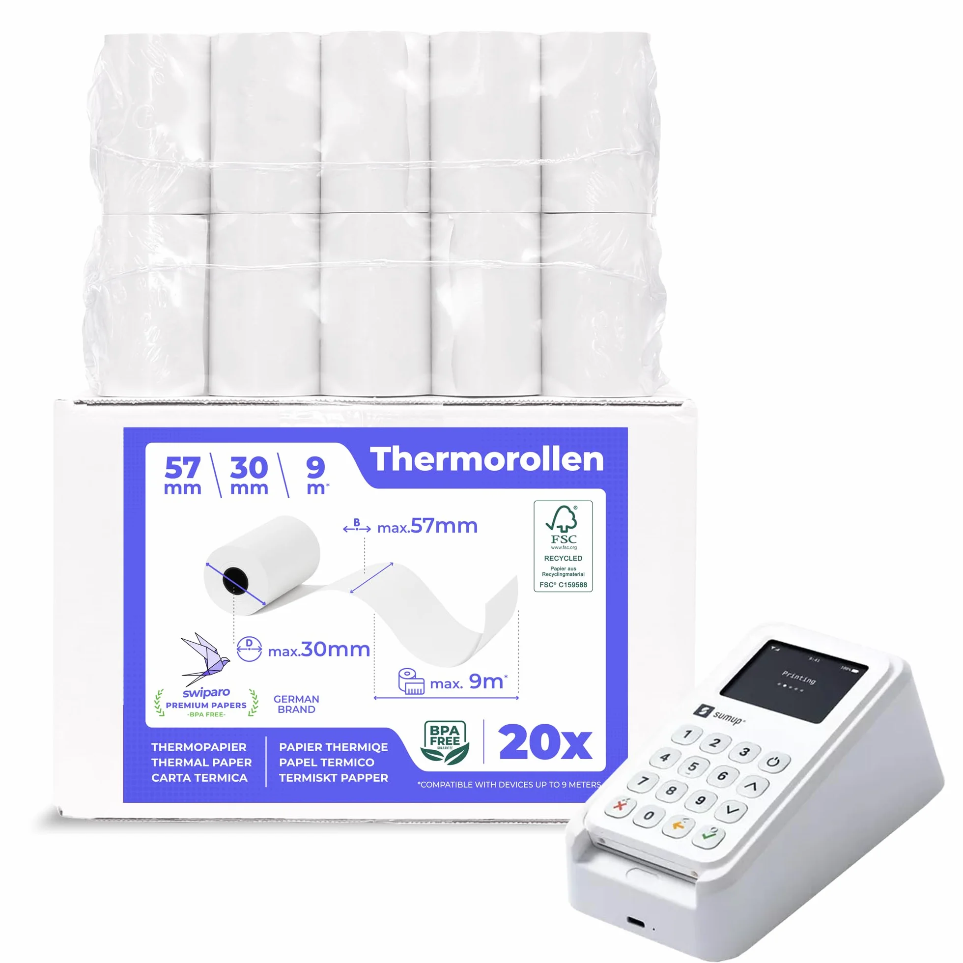 Rotolo carta termica 57x30x12 57mm x 9m x 12mm compatibile POS Bancomat 20 sztuk