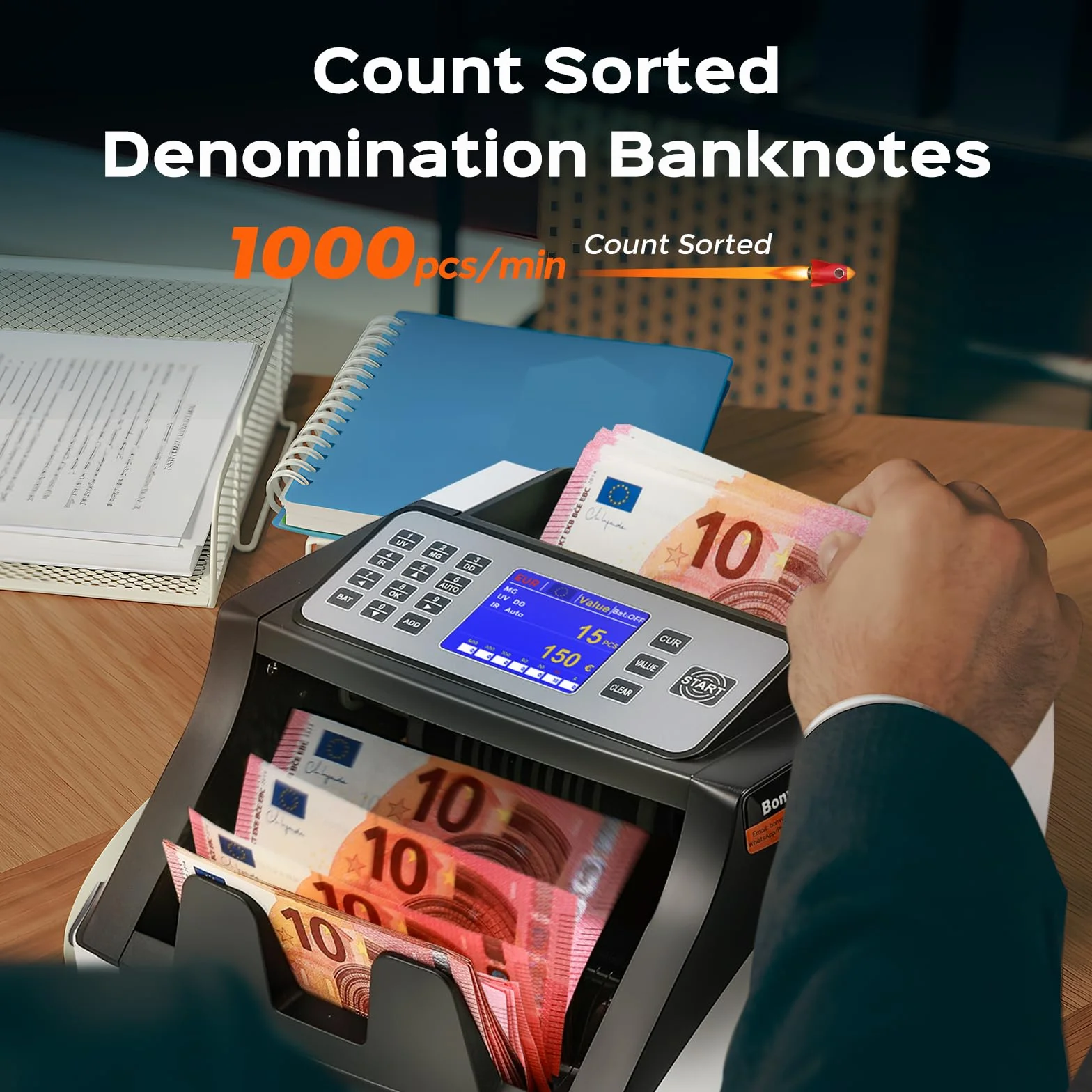 Bonvoisin Conta Banconote, Macchina Conta Soldi che Conta il Valore delle Banconote Ordinate, Rilevazione Contraffazioni UV/MG/IR, Contatore di Denaro, 1000 Pezzi/Min (Importi misti non conteggiabili)