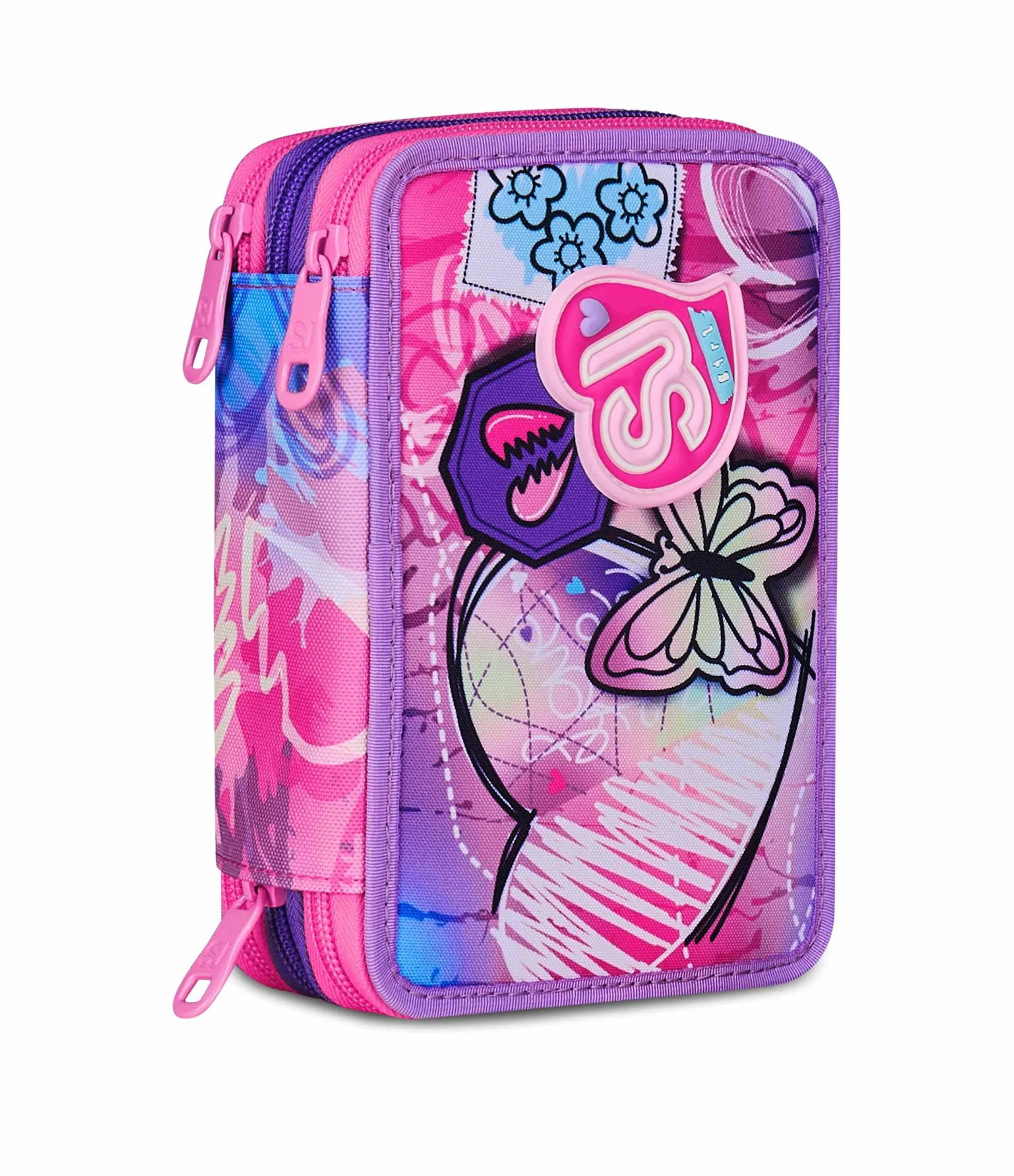 SJ GANG STYLE JAM GANG Astuccio Scuola 3 Zip, Fucsia, Portapenne Triplo Scomparto Completo Di Penne, Matite, Colori, Accessori Zaino, Scuola Elementare, Bambina