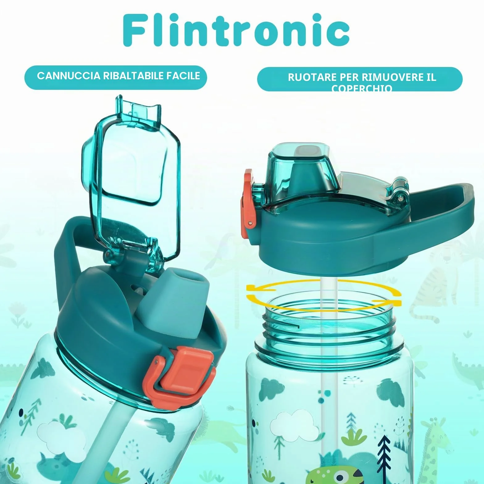 Flintronic Borraccia Bambini 600ML Senza BPA Bottiglia Acqua Cannuccia Prova Perdita Dinosauro