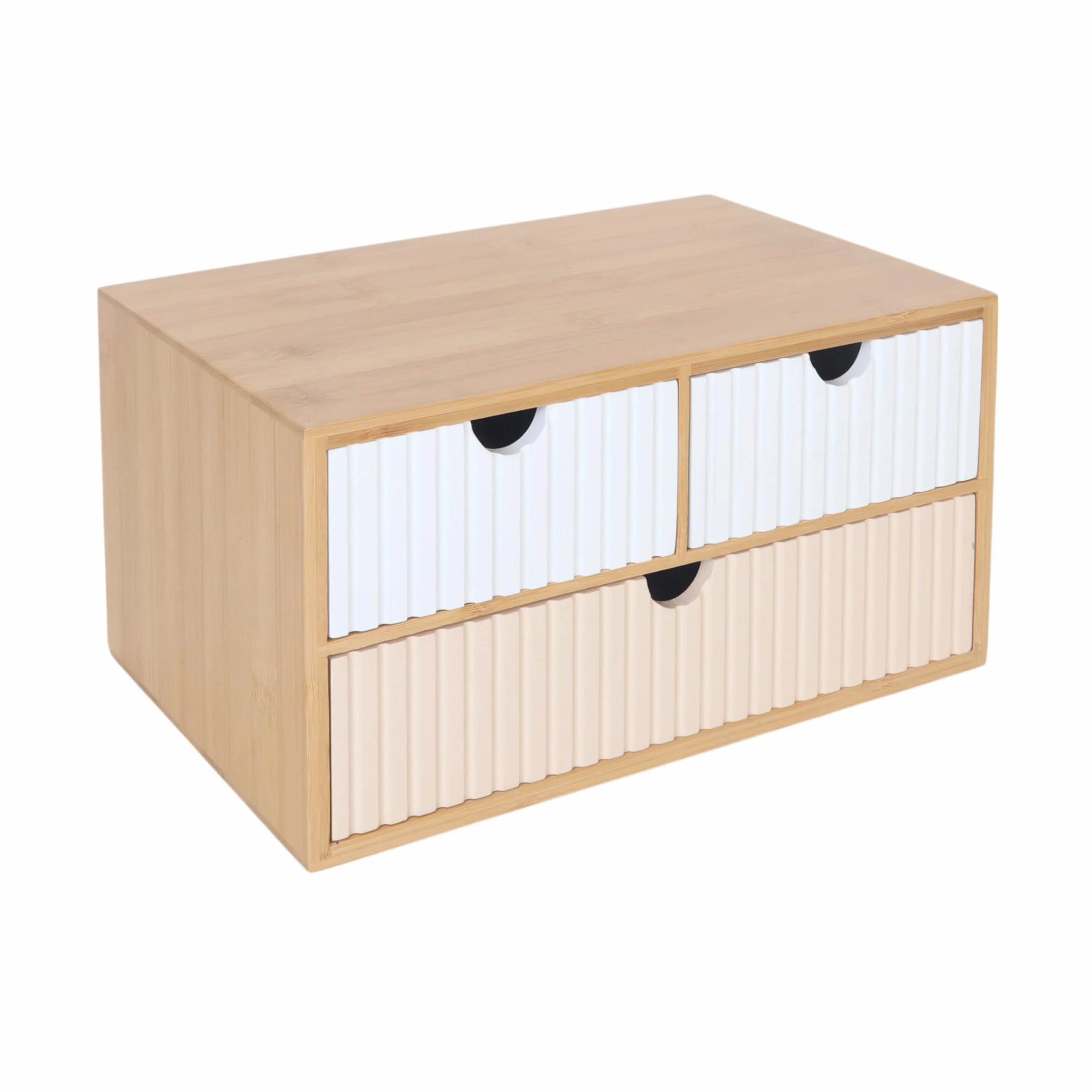 Contenitore a cassetti Relaxdays, bambù e MDF, 3 cassetti, H x L x P: 15 x 30 x 20 cm, Organizer scrivania, Bianco/Rosa