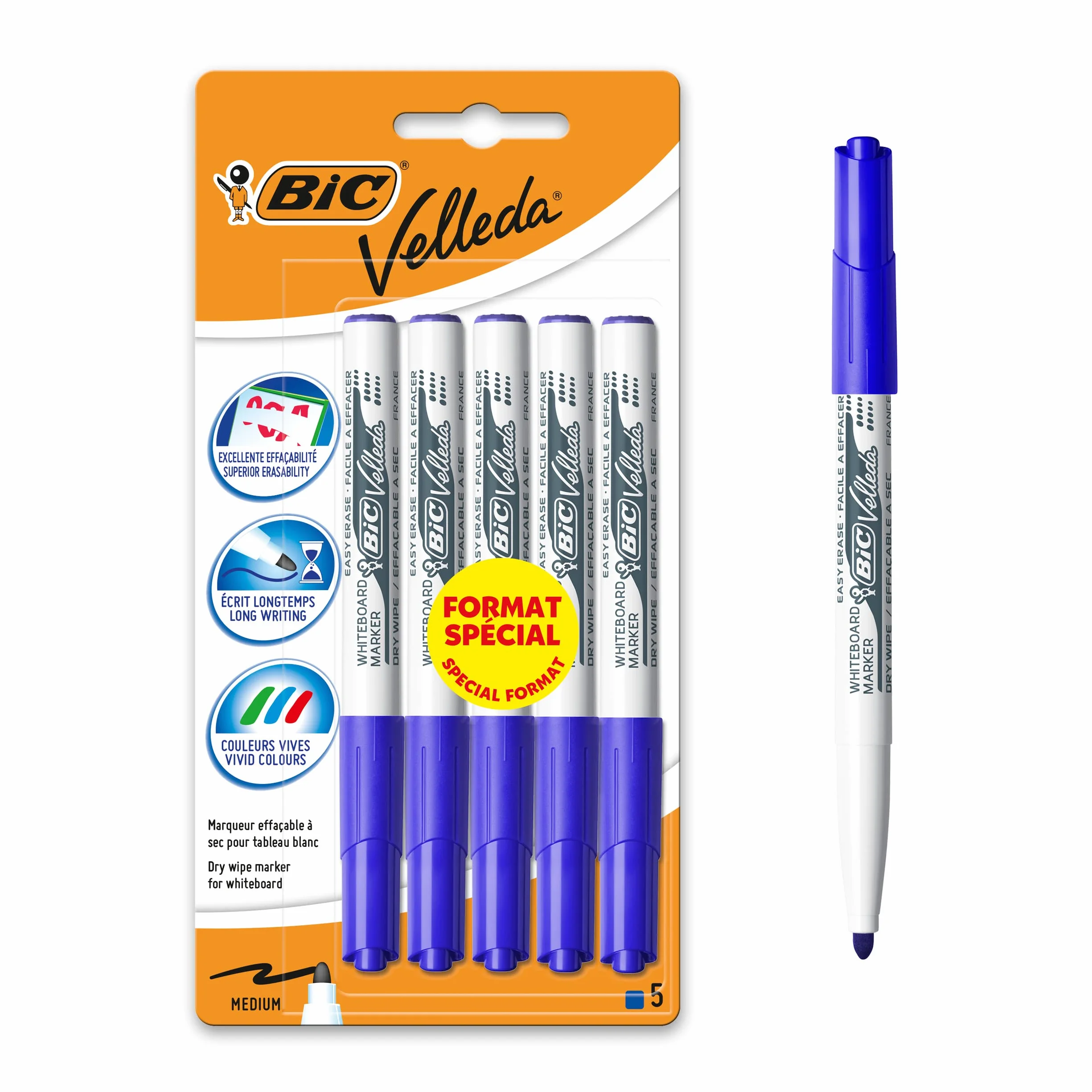 BIC Velleda 1741 Pennarelli per Lavagna Bianco Cancellabili a Secco, Punta Conica Media, Blu, 5 Pezzi