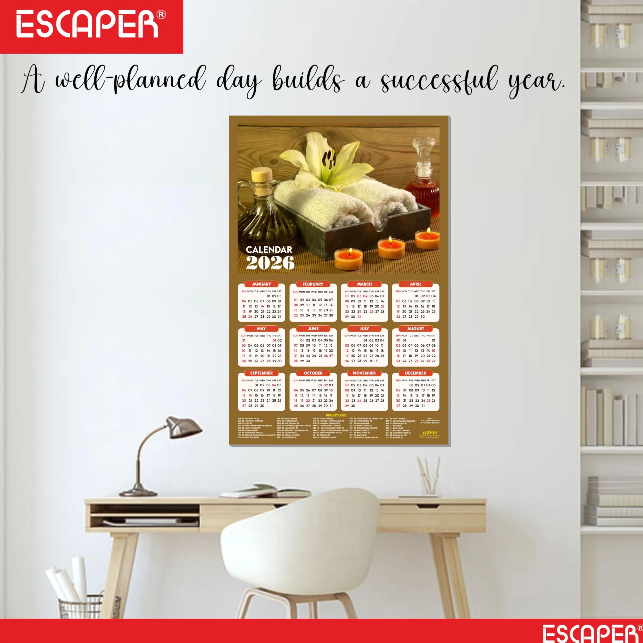 ESCAPER Calendario da parete Body Spa 2025 da appendere (45 x 30 cm), calendario da parete ayurvedico spa 2025, calendario da parete 2025, calendario da parete 2025, decorazione da parete spa