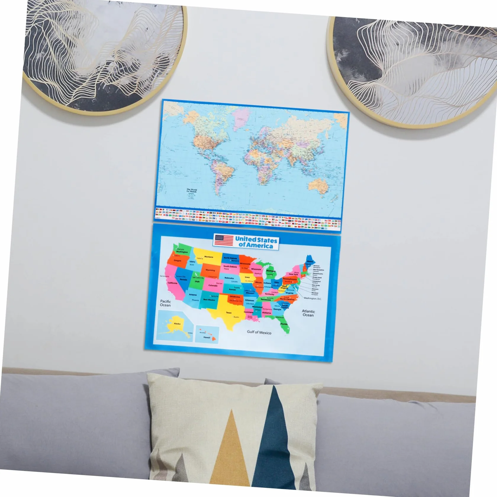Veemoon Poster Educativo Mappa Del Mondo e Stati Uniti 40x60 Cm Set 2 Pezzi