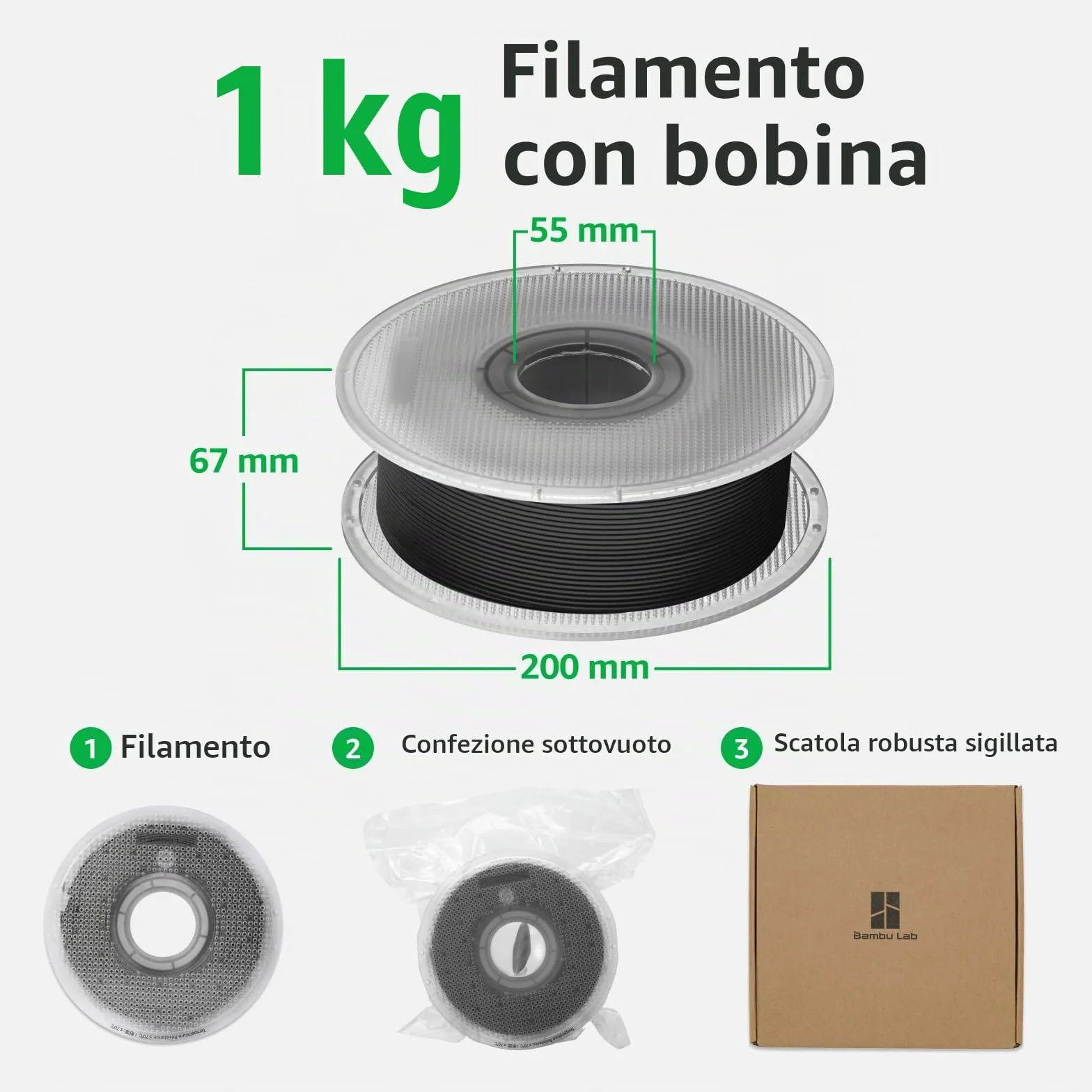 Bambu Lab Filamento PLA per Stampante 3D 1,75 mm Precisione Dimensionale +/- 0,03 mm Stampa Rapida RFID