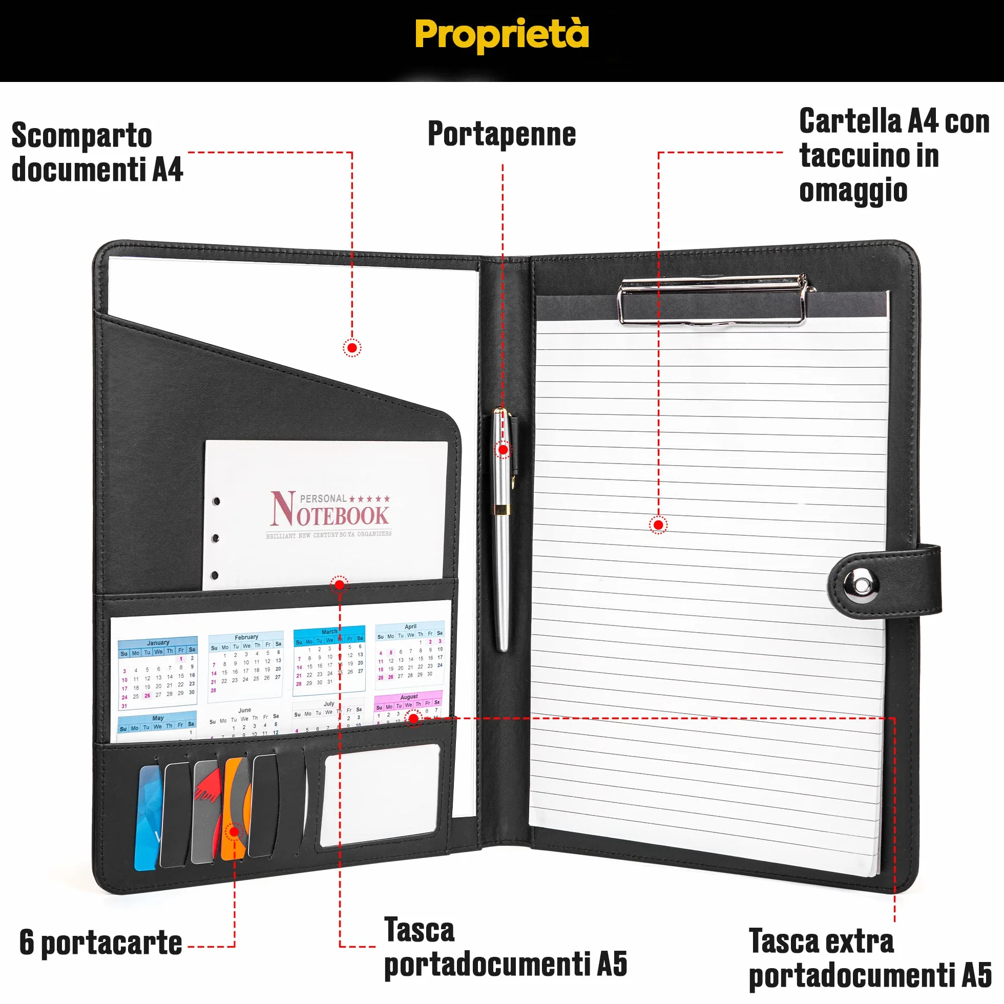 Cartellina Portadocumenti A4 in Pelle PU con Portablocco, Blocco Note, Organizer Documenti e Chiusura Magnetica