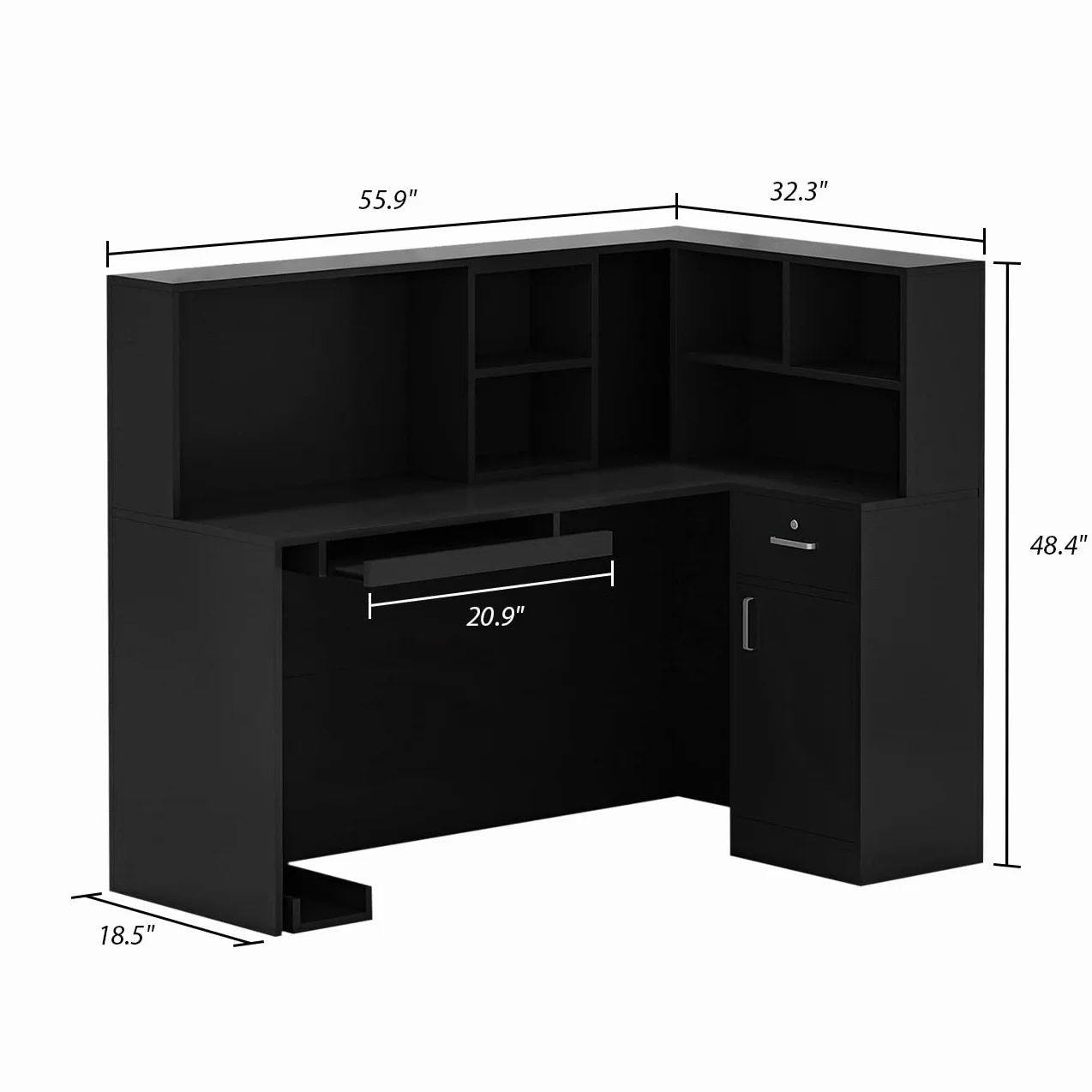 Banco reception, banco reception, tavolo da reception con vassoio per computer e ripiano rimovibile, banco reception con 1 cassetto e 1 armadio, banco reception, MDF, 140 x 80 x 120 cm