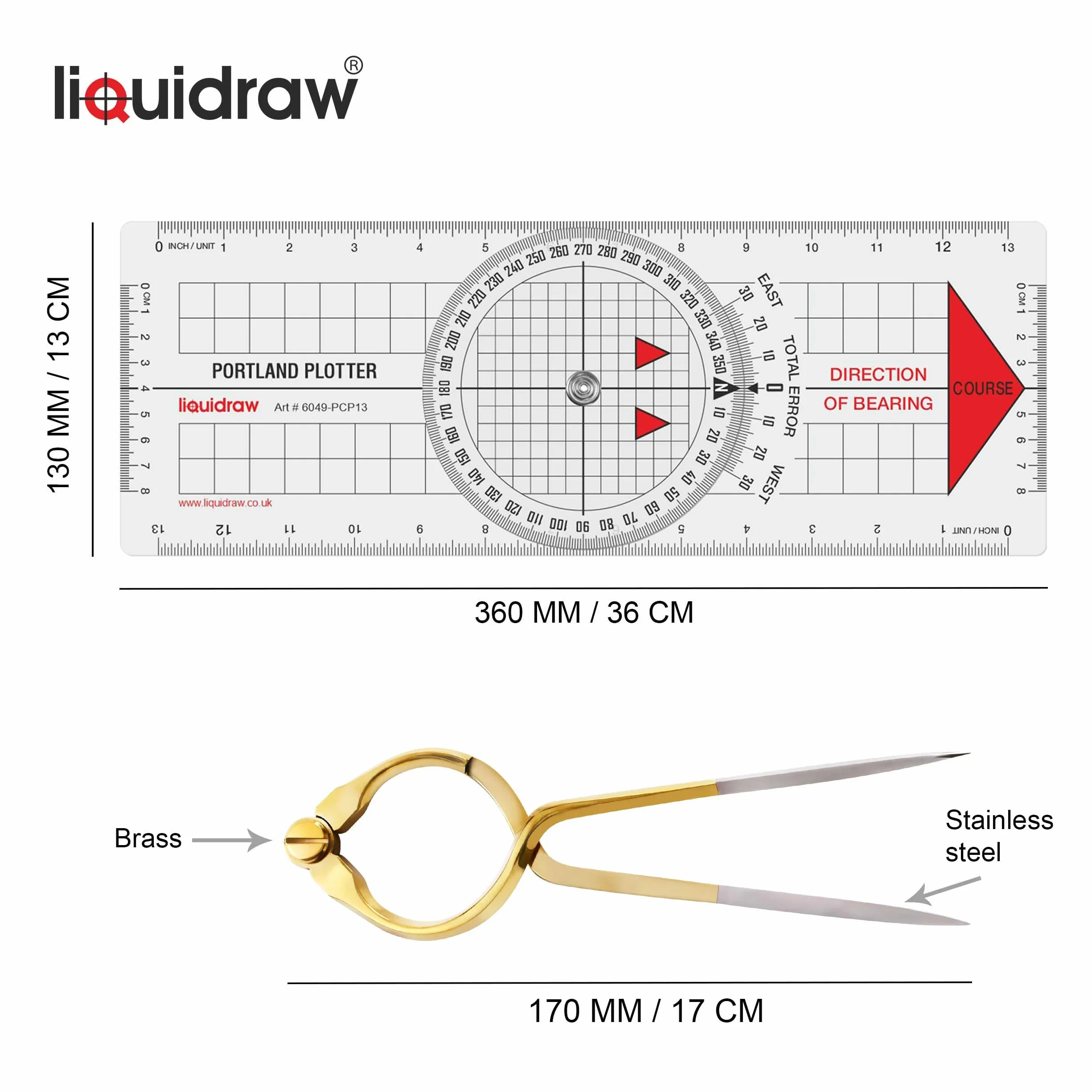 Liquidraw Kit di Navigazione - Divisore per Navigazione, Goniometro con una Mano Singola, Divisore Dritto in Ottone Massiccio, 20,3 cm