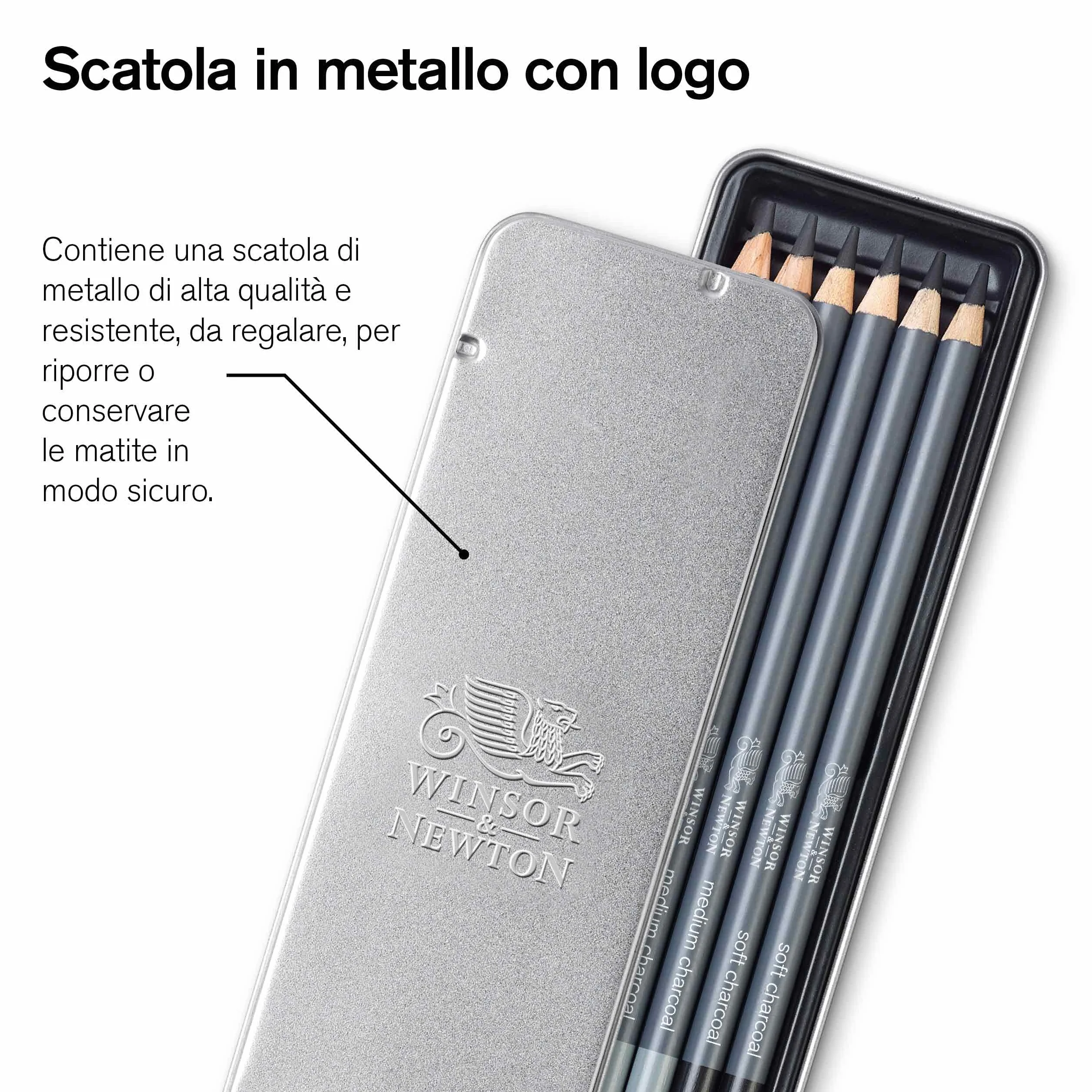 Winsor & Newton Studio Collection Matite Carboncino Scatola In Metallo 6 Pezzi