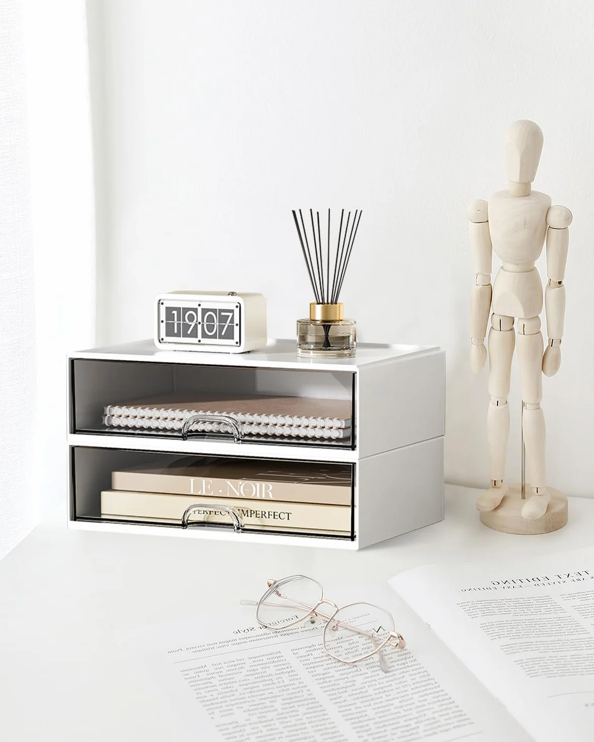 SOSINYA Organizer da scrivania con cassetto, scatola di immagazzinaggio, organizzatore di forniture da ufficio in plastica per ufficio, scuola, casa, impilabili, per penne, trucco (B)