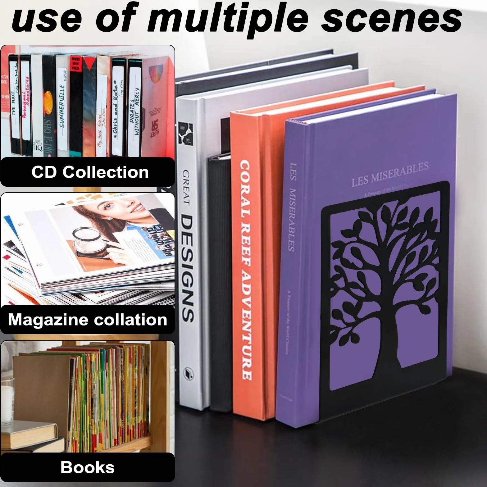 Ferma Libri per Libreria in Metallo Antiscivolo 4 PCS - Coppie di Reggi Libri per Mensole, per Scuola Casa Ufficio (Nero)