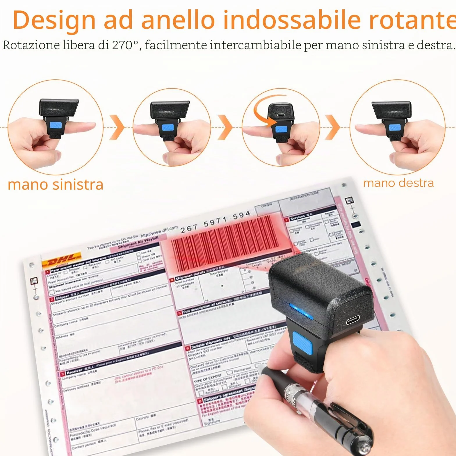 Lettore di codici a barre portatile Bluetooth 1D 2D, lettore di codici a barre portatile con connessione wireless e USB a 2,4 GHz