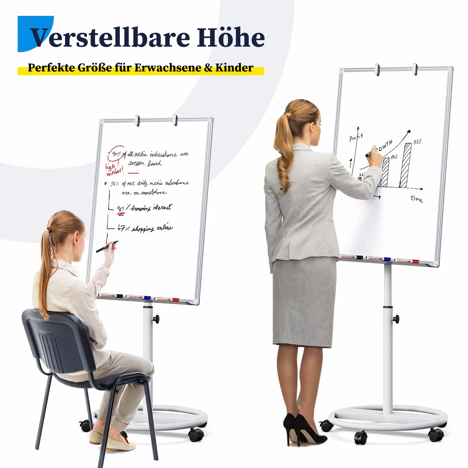 maxtek Lavagna Bianca Mobile 90 x 60 cm, Lavagna Magnetica Cancellabile a Secco, Altezza Regolabile con Cavalletto e Ganci Argento