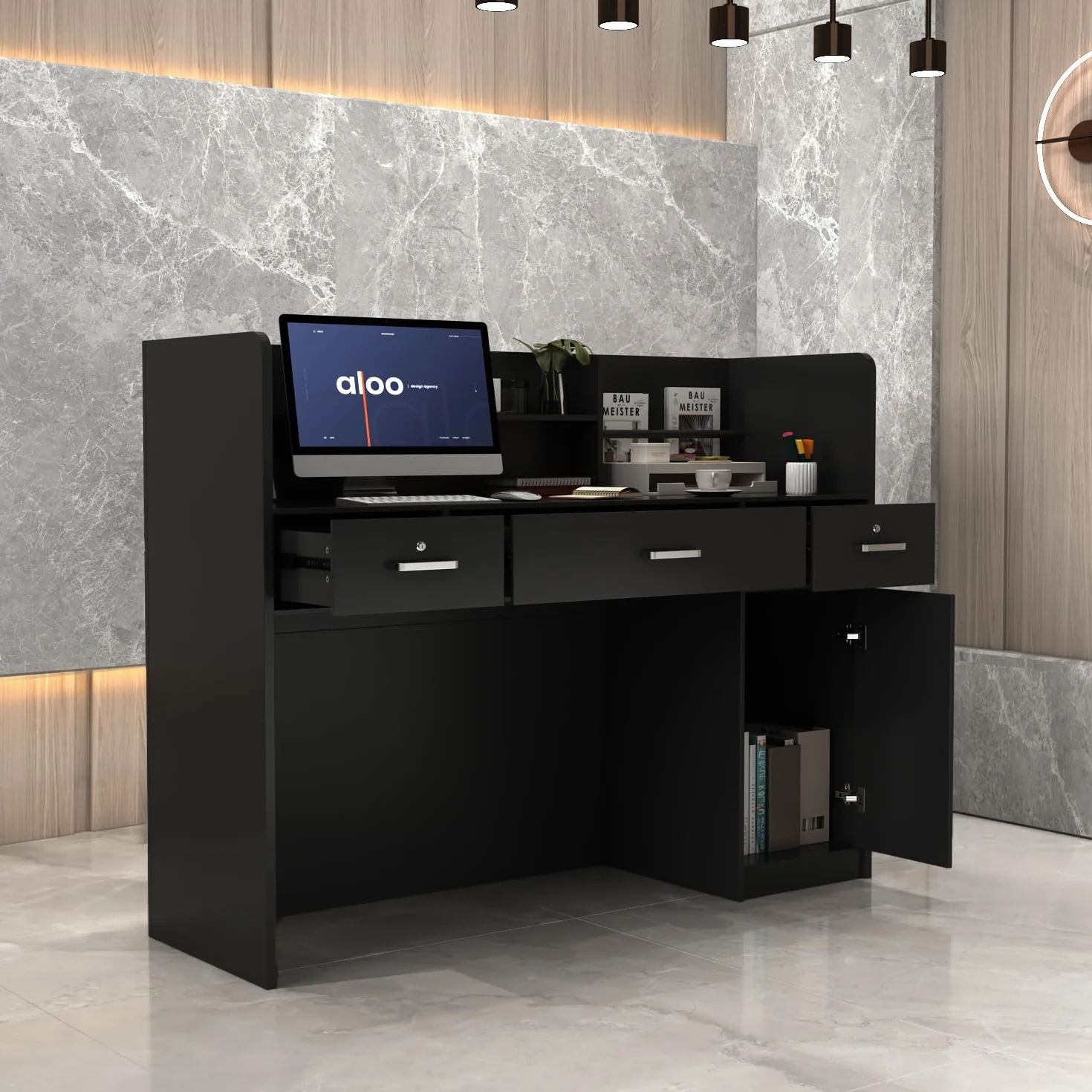 Banco reception, ufficio bancone mobili reception, nero, 3 cassetti, 110 X 120 X 48 cm